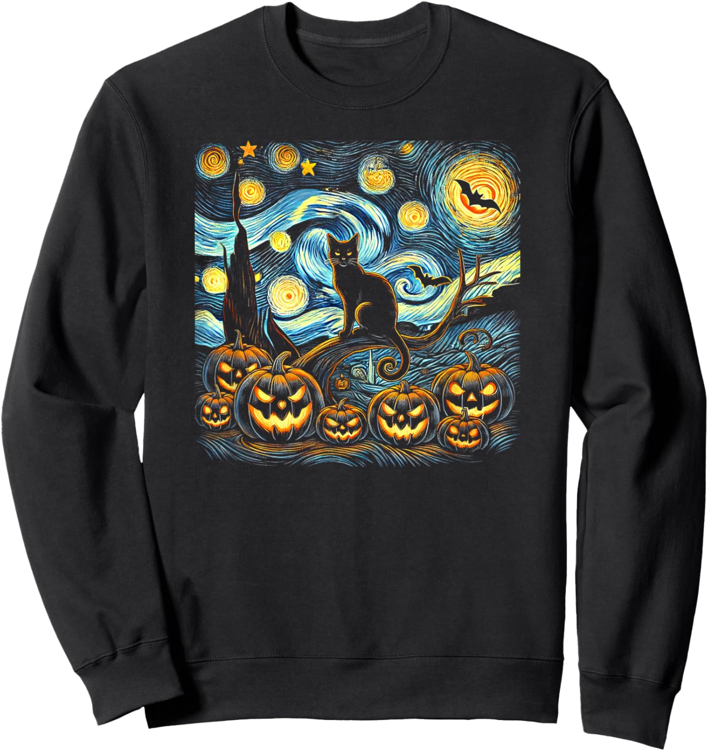 Halloween Van Gogh Starry Night Pumpkin Black Cat Costume Sweatshirt - Sweatshirt | Black