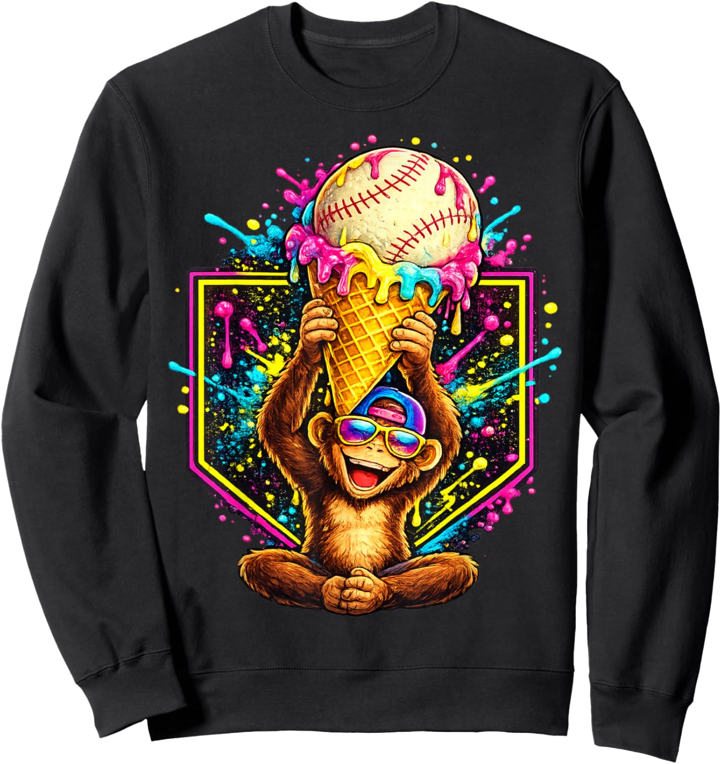 Monkey Funny Animals Baseball Ice Cream Drip Cool Sweatshirt - Sweatshirt | Black