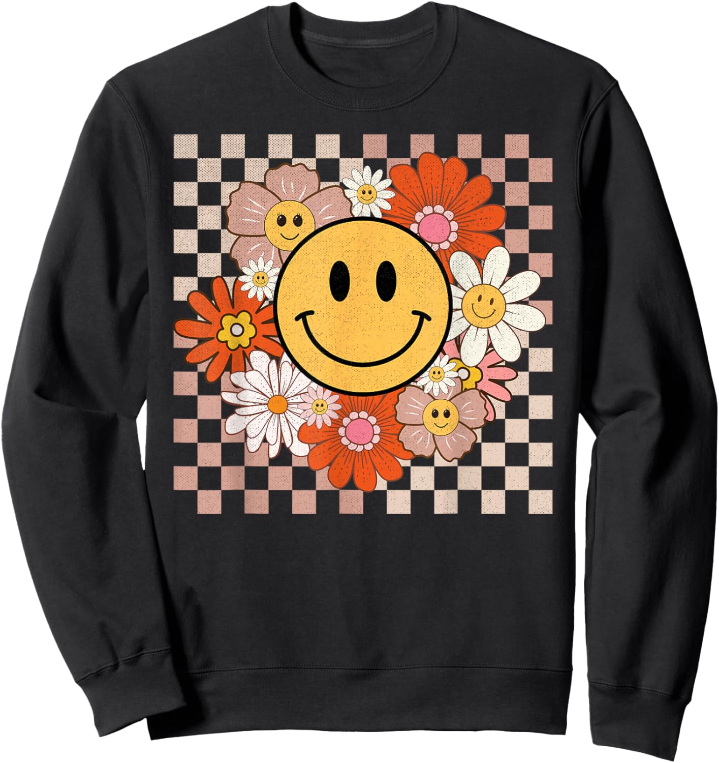 Retro Groovy Smile Happy Face Flowers Checkered 70s Hippie Sweatshirt - Sweatshirt | Black