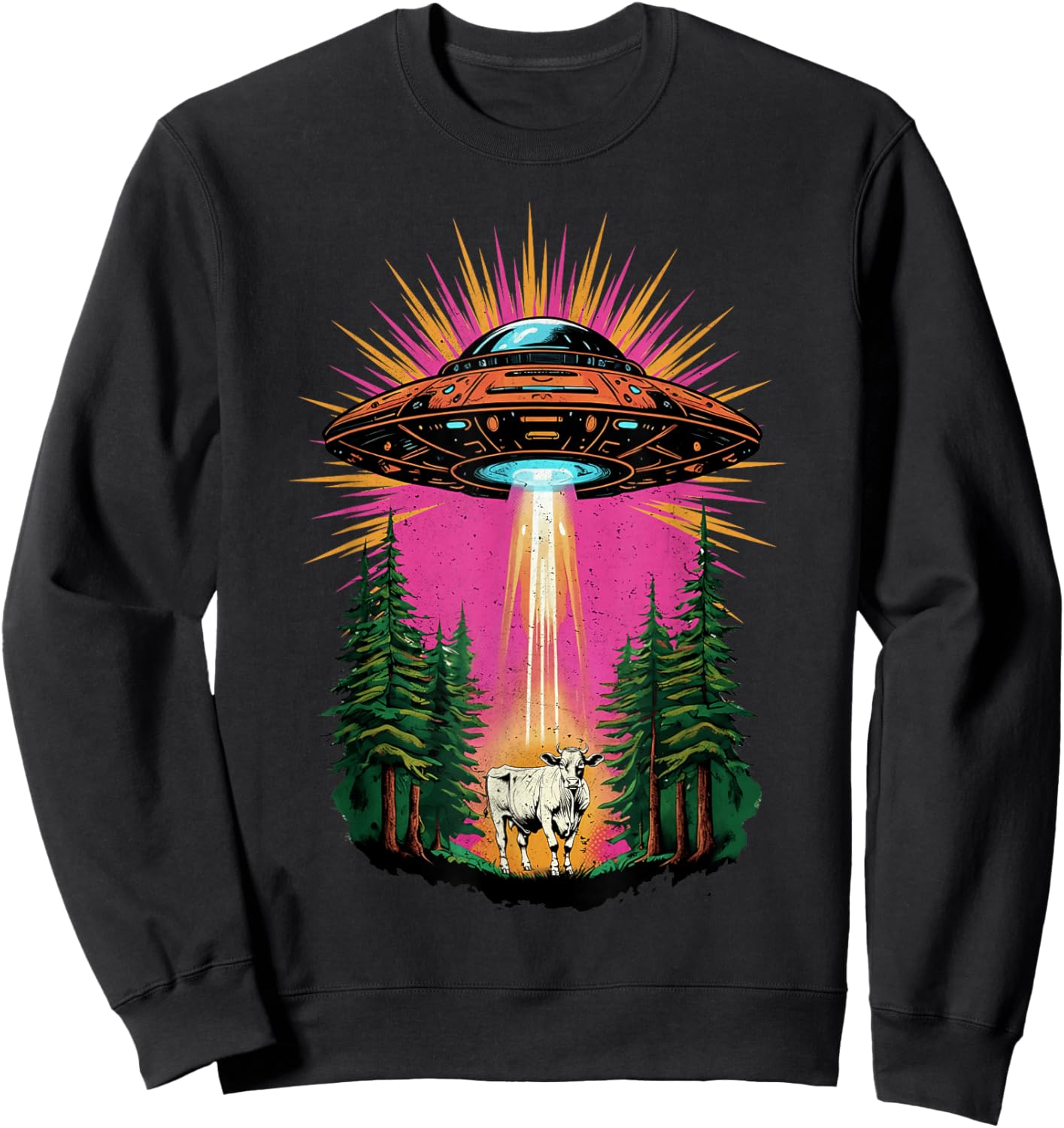 Vintage UFO Cow Abduction Alien Christmas Sci-fi Gift Funny Sweatshirt - Sweatshirt | Black