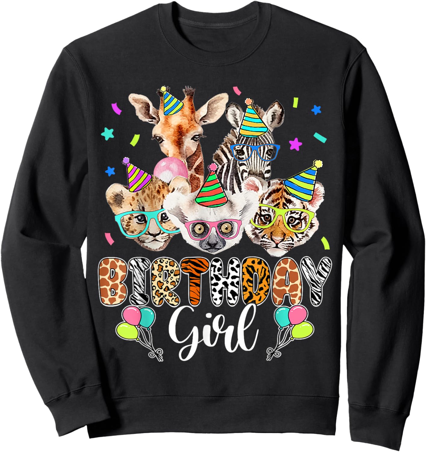 Happy Birthday Girl Zoo Animals Wildlife Girls Kids Cute Sweatshirt - Sweatshirt | Black