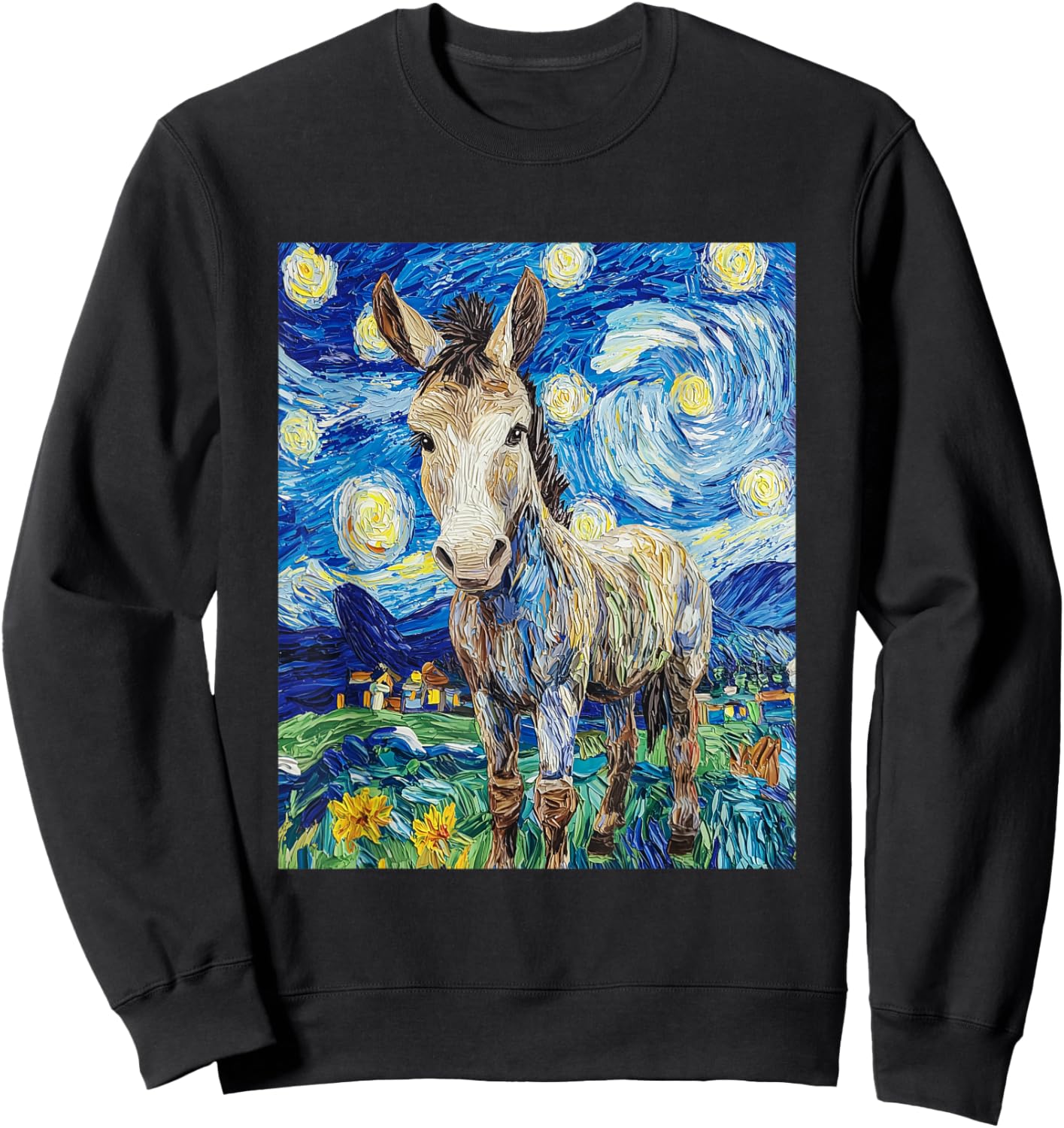 Funny Donkey - Van Gogh Style - Starry Night Graphic Sweatshirt - Sweatshirt | Black