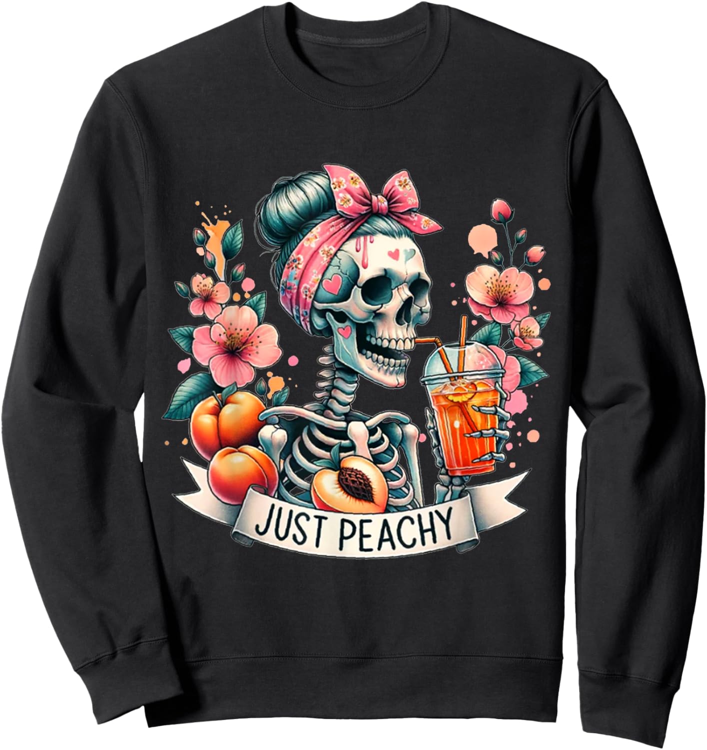 Just Peachy Skeleton Retro 70s Hippie Summer Vibes Sweatshirt - Sweatshirt | Black