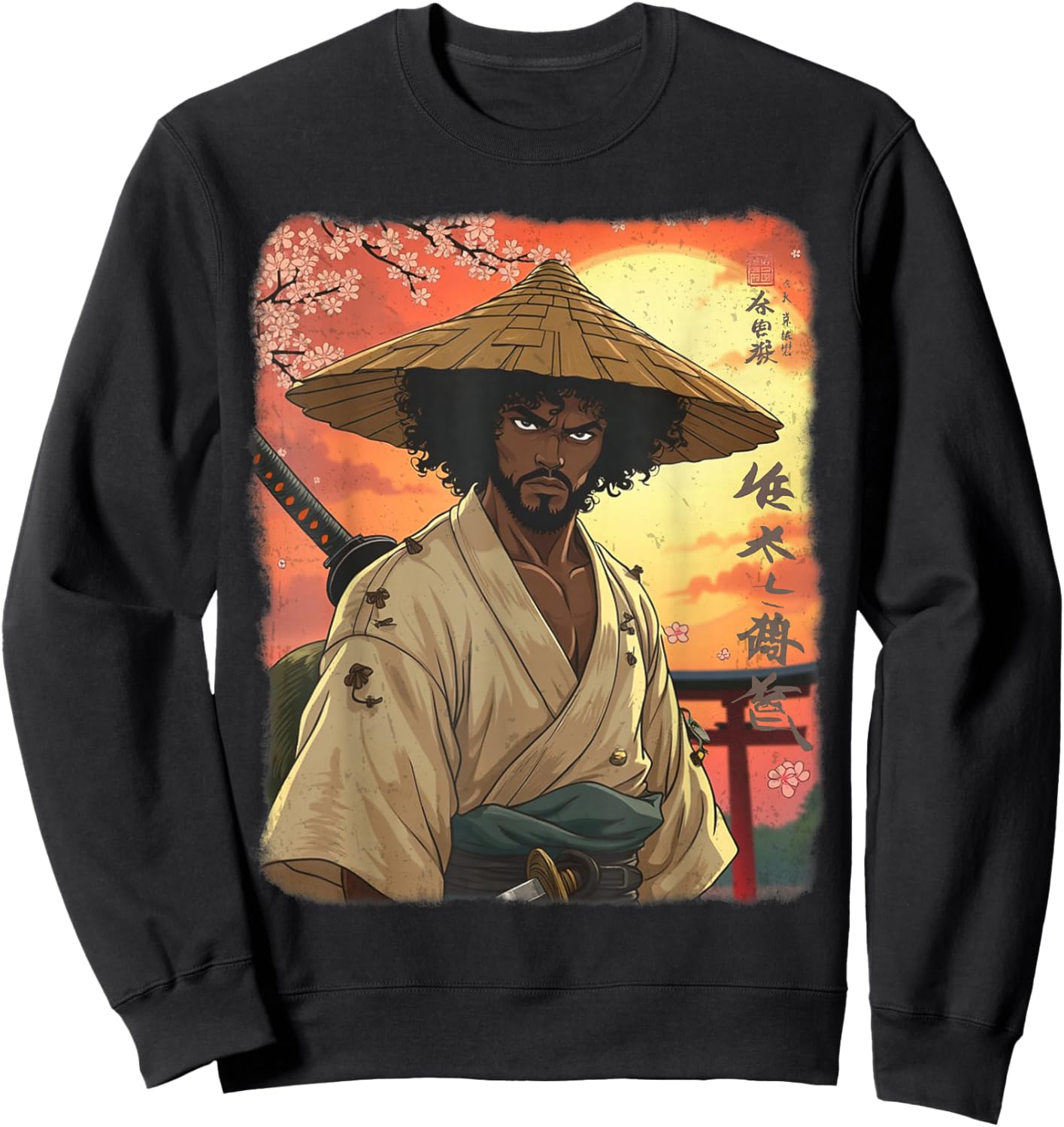 Afro American Samurai African Warrior in Anime with Katana Sweatshirt - Sweatshirt | Black