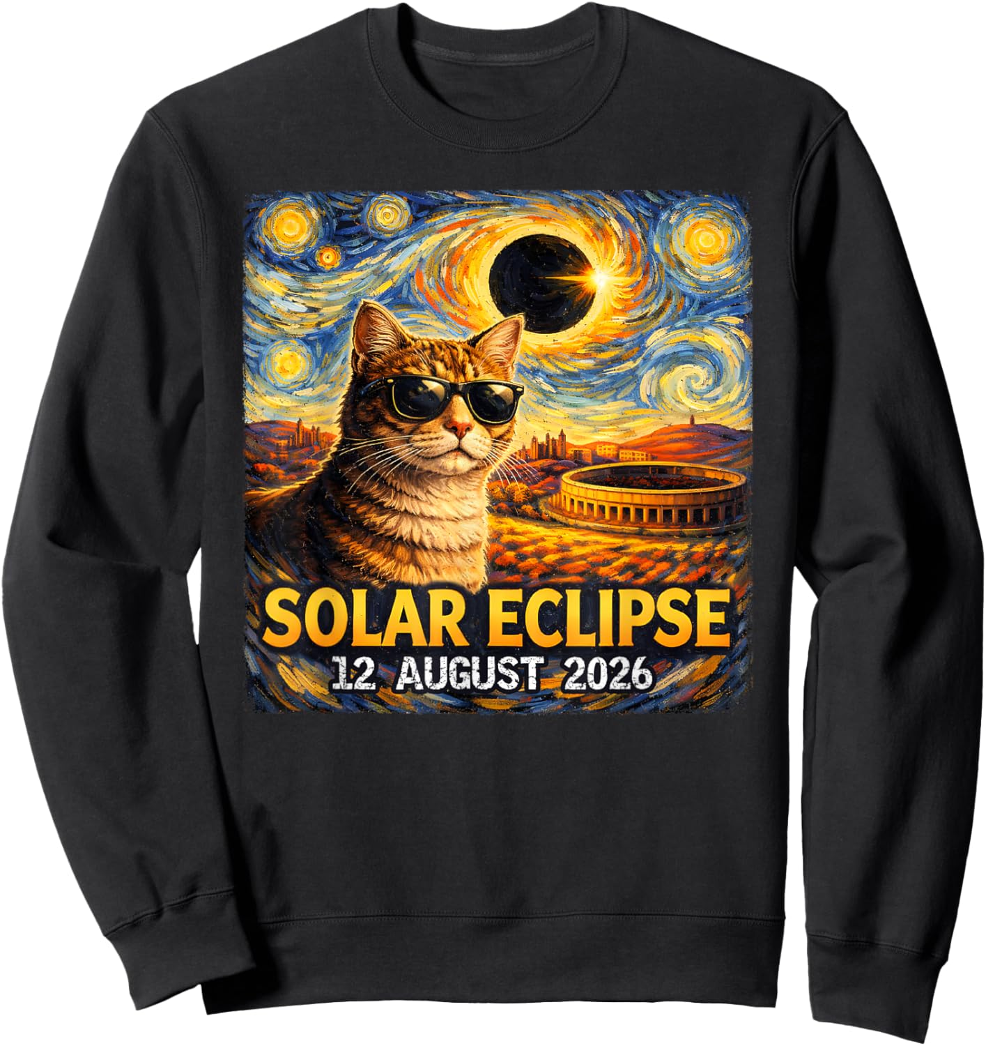 Total Solar Eclipse August 12, 2026 Funny Cat Starry Night Sweatshirt - Sweatshirt | Black