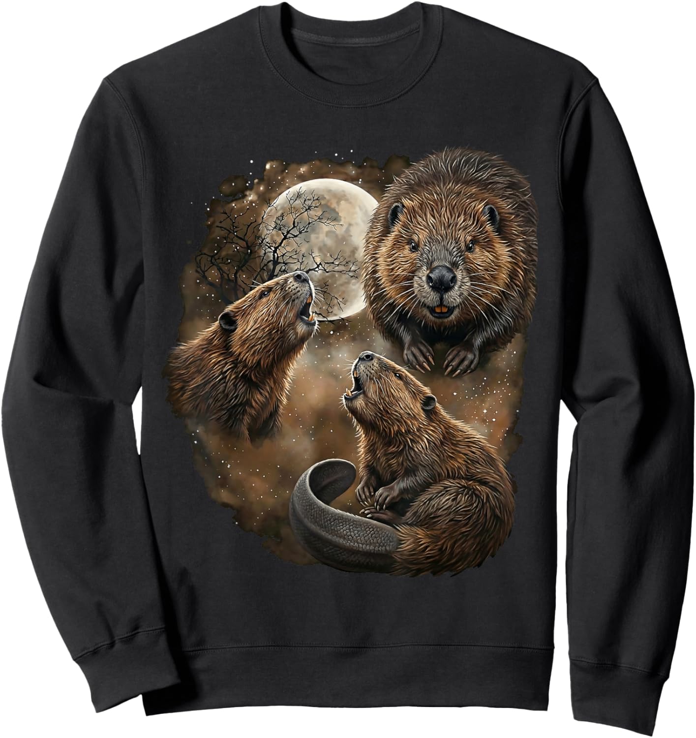Beaver Howling Moon Design Funny Animal Beaver Meme Sweatshirt - Sweatshirt | Black