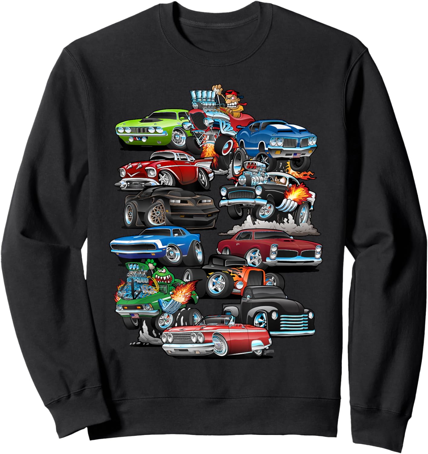 Car Madness! Muscle Cars, Classic Cars and Hotrods Cartoon Sweatshirt - Sweatshirt | Black