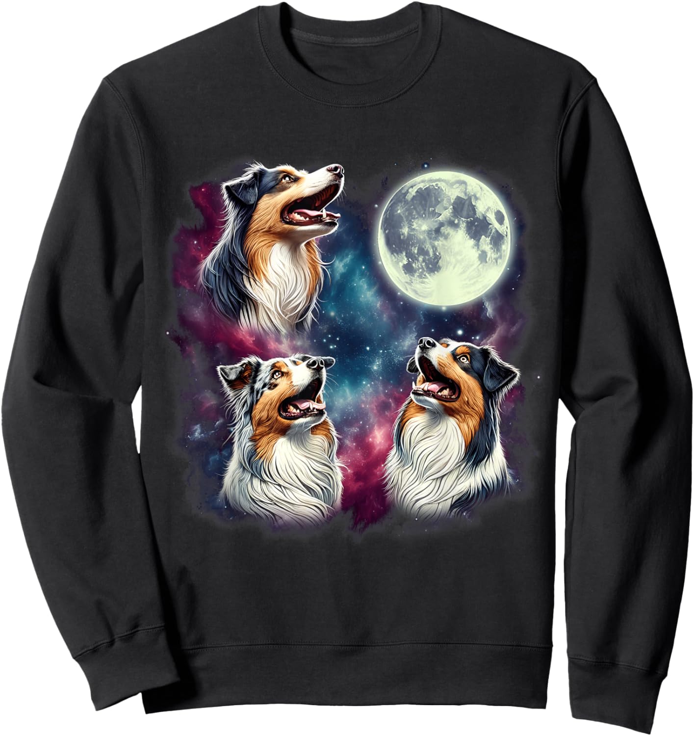 Three Australian Shepherds Howling at Moon Funny Weird Meme Sweatshirt - Sweatshirt | Black
