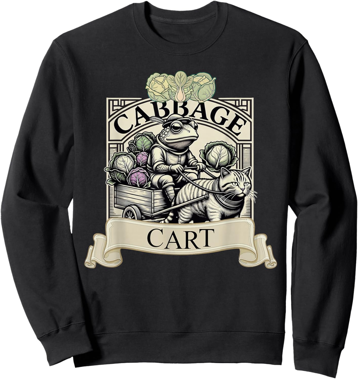 Medieval Frog Cat Cabbage Cart Kimchi Kraut Farmers Market Sweatshirt - Sweatshirt | Black
