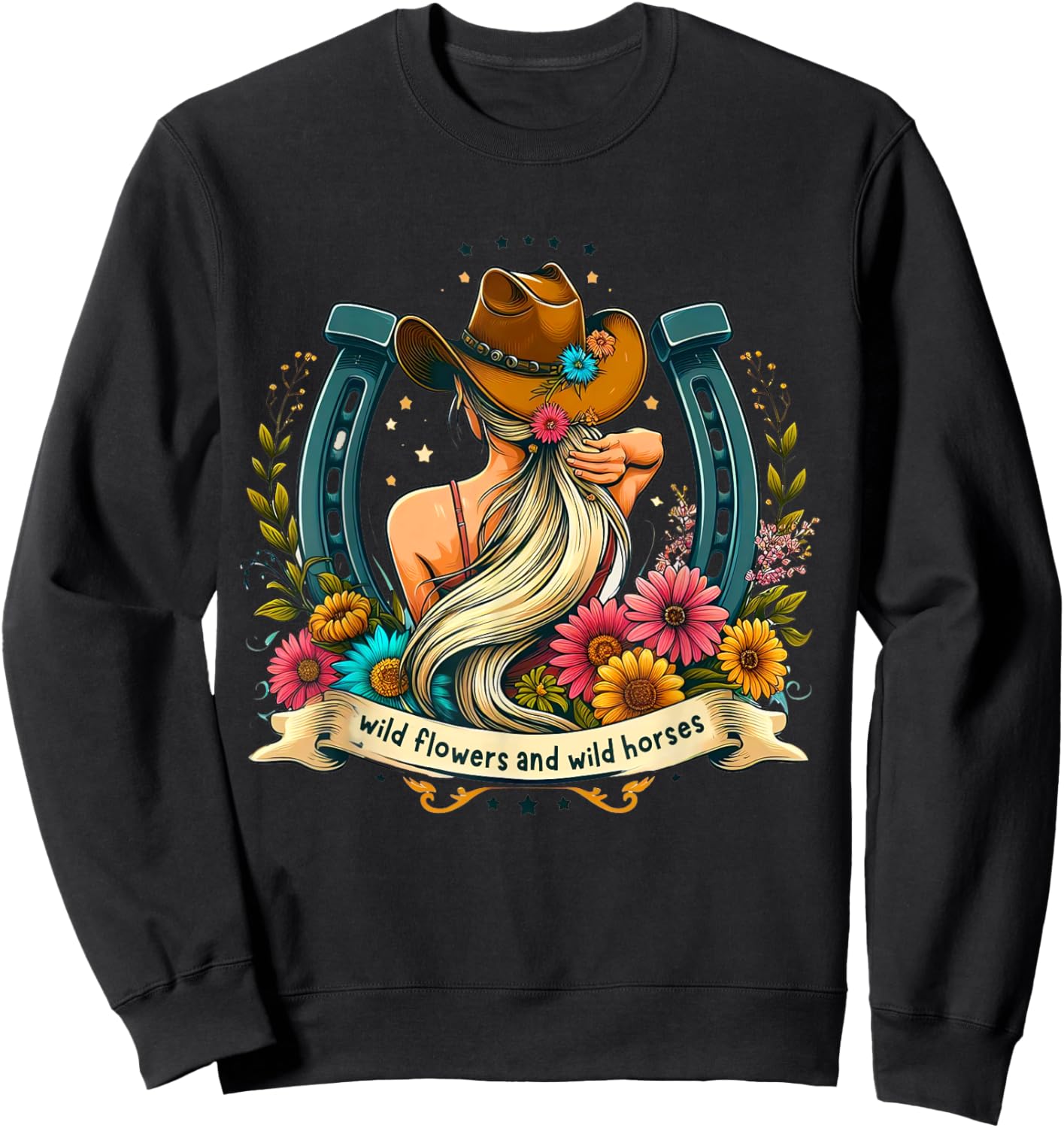 Retro Southern Sunset Cowgirl Wild Flowers - Wild Horses Sweatshirt - Sweatshirt | Black