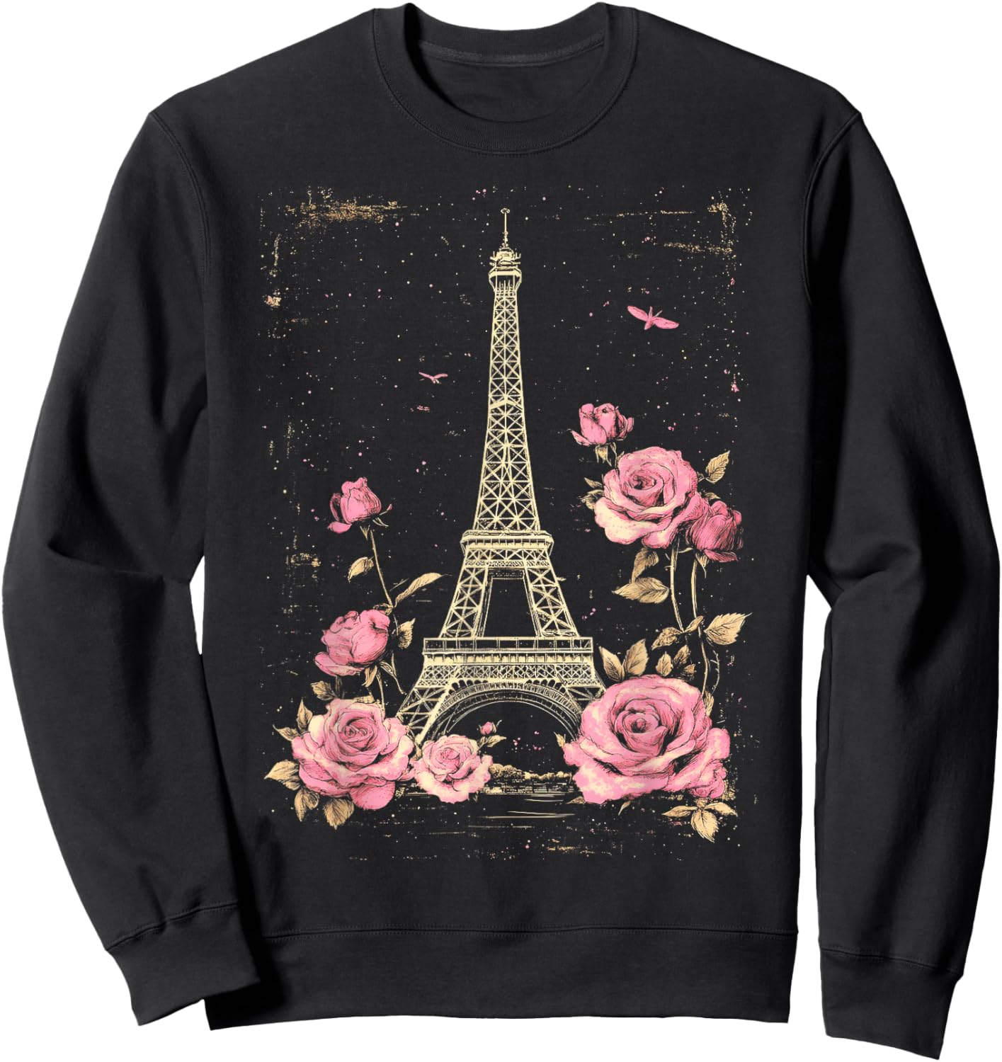 Vintage Paris Eiffel Tower Witn Pink Roses Floral Sweatshirt - Sweatshirt | Black