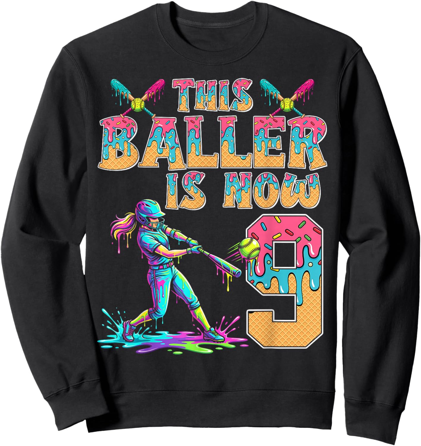 This Baller is Now 9 Years Old Birthday Girl Softball 9th Sweatshirt - Sweatshirt | Black