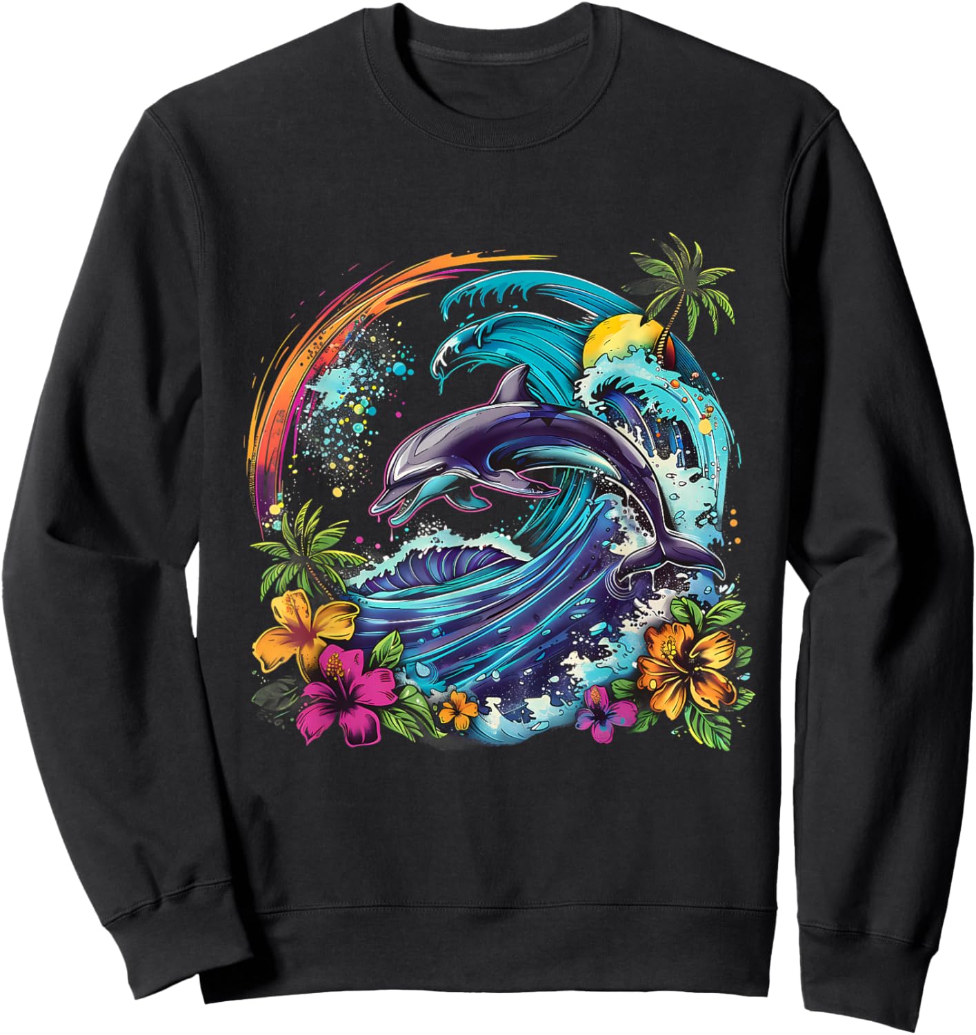 Sea Ocean Dolphin Motif Artwork Floral Sea Ocean Animal Sweatshirt - Sweatshirt | Black