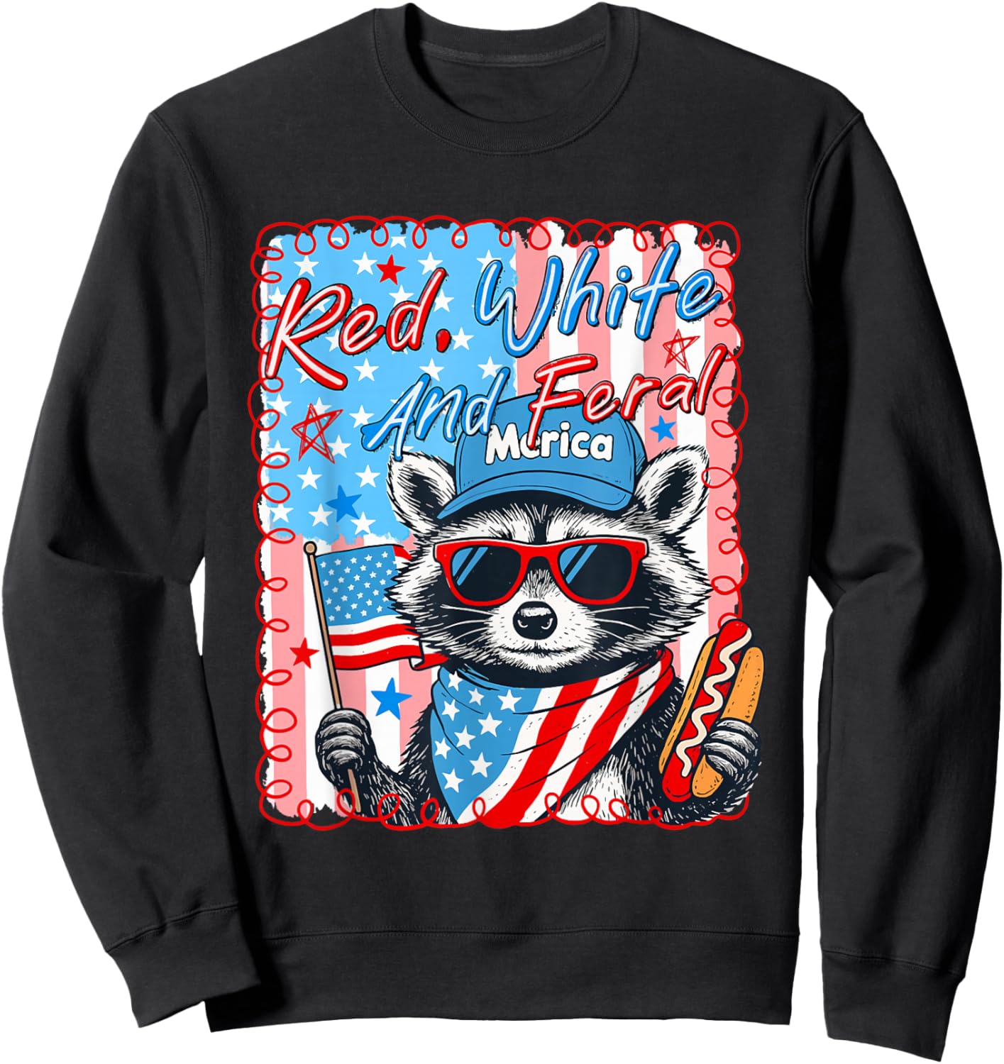 Striped Red White and Feral Raccoon Hot Dog 4th of July Cute Sweatshirt - Sweatshirt | Black