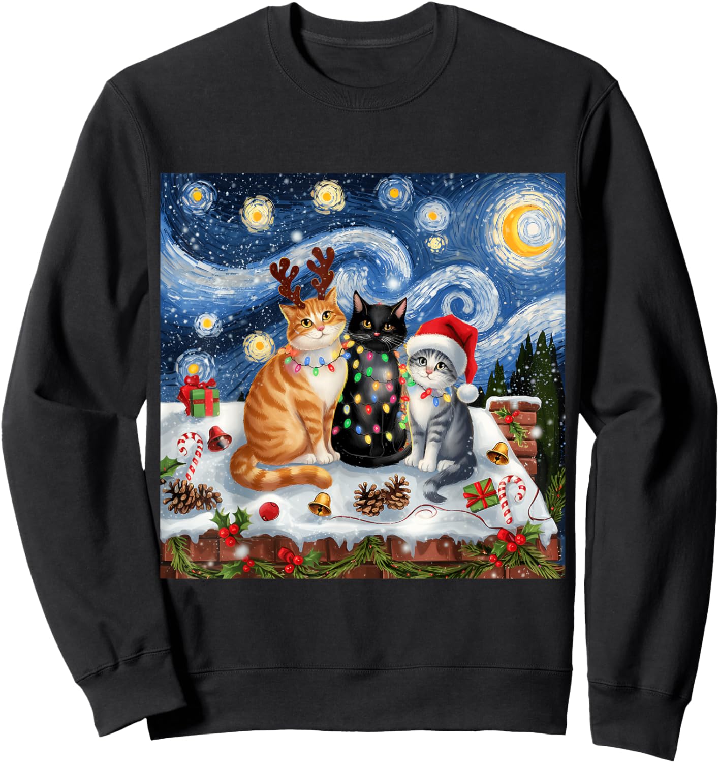 Christmas Van Gogh Starry Night Black Cat Santa Funny Xmas Sweatshirt - Sweatshirt | Black
