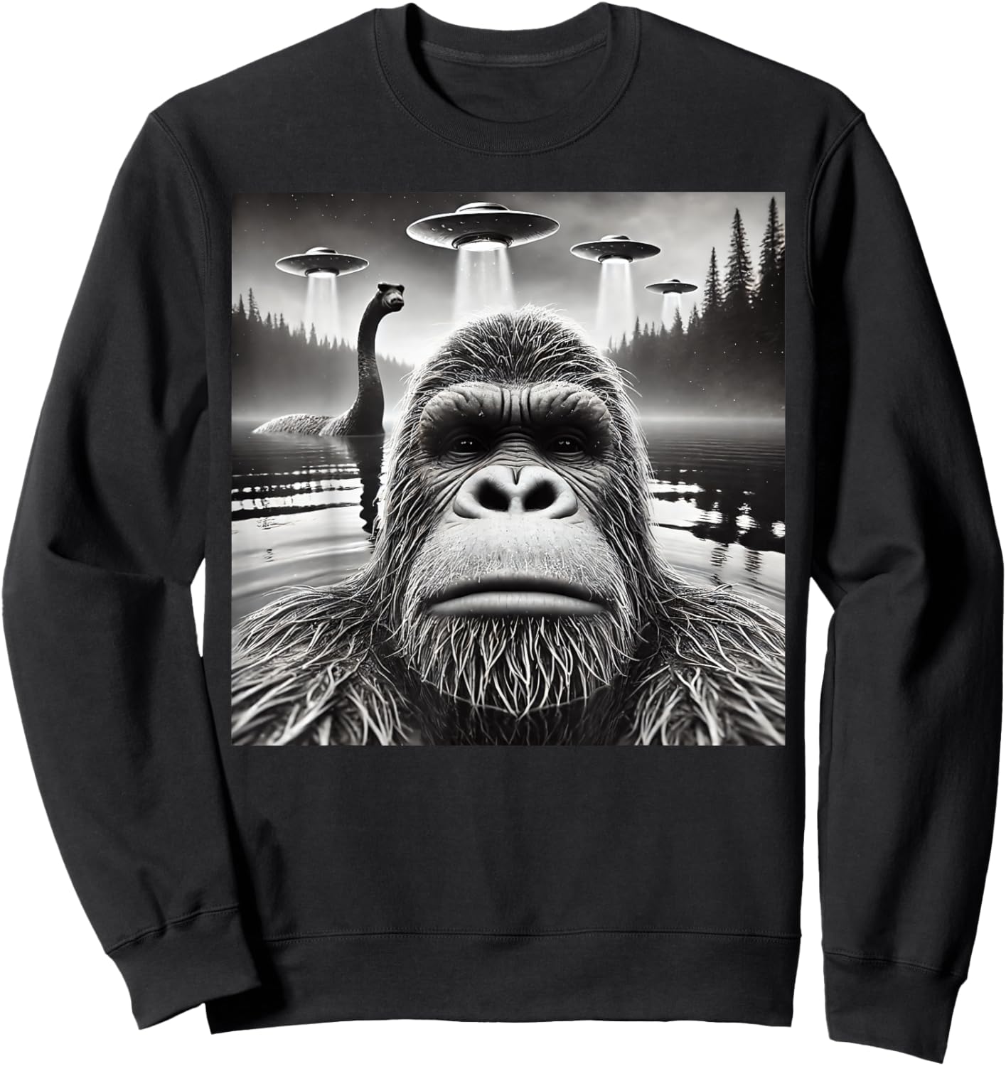 Bigfoot Lock Ness Monster Alien UFO Funny Graphic Sweatshirt - Sweatshirt | Black