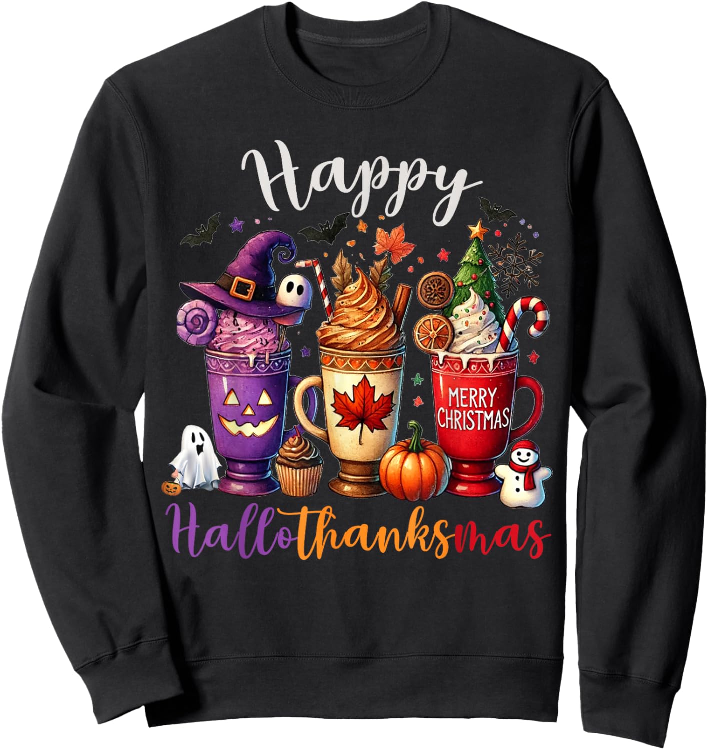 Happy Hallothanksmas Coffee Lover Halloween Merry Christmas Sweatshirt - Sweatshirt | Black