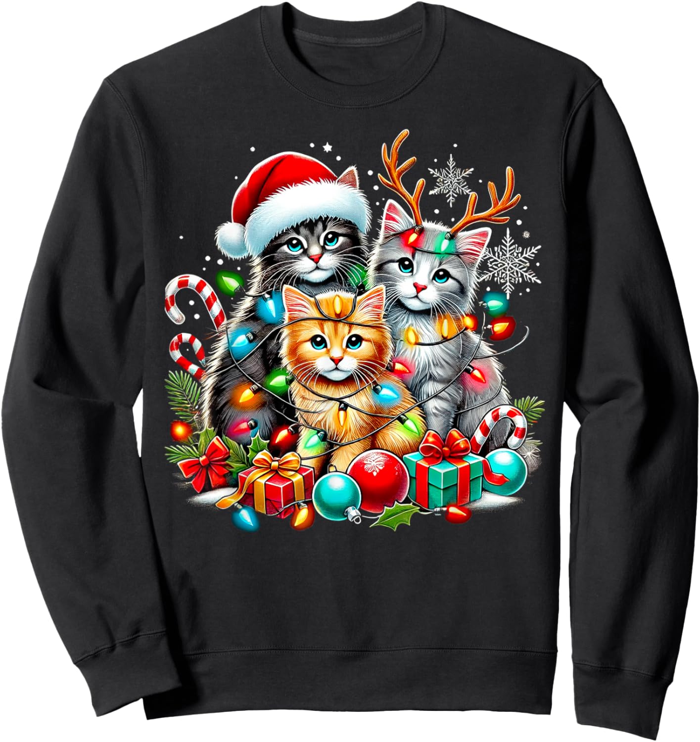 Merry Christmas Baby Cats Presents Snowflake Santa Claus Sweatshirt - Sweatshirt | Black