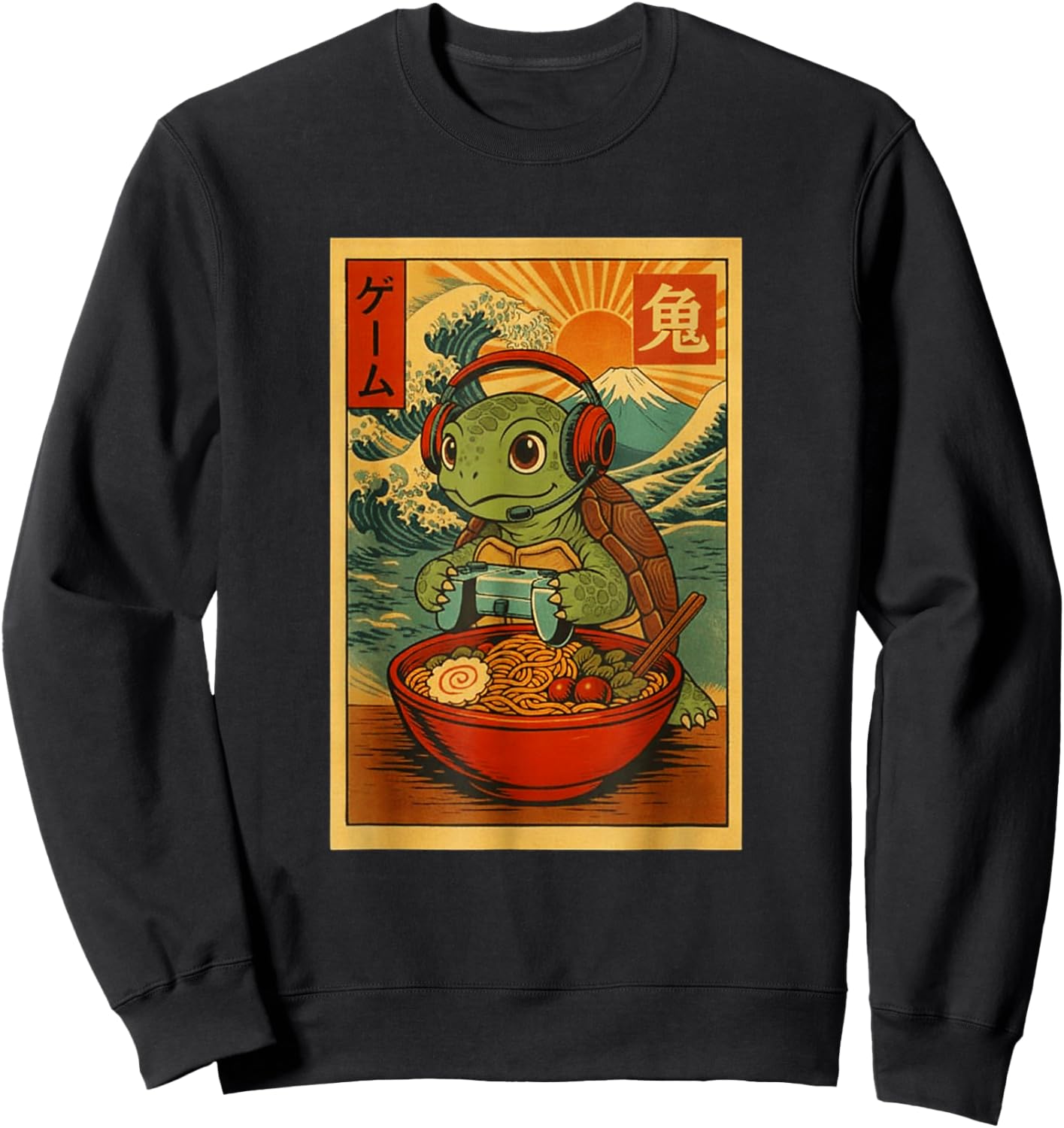 Turtle Gamer Ramen Japanese Ukiyo-e Mount Fuji Sweatshirt - Sweatshirt | Black