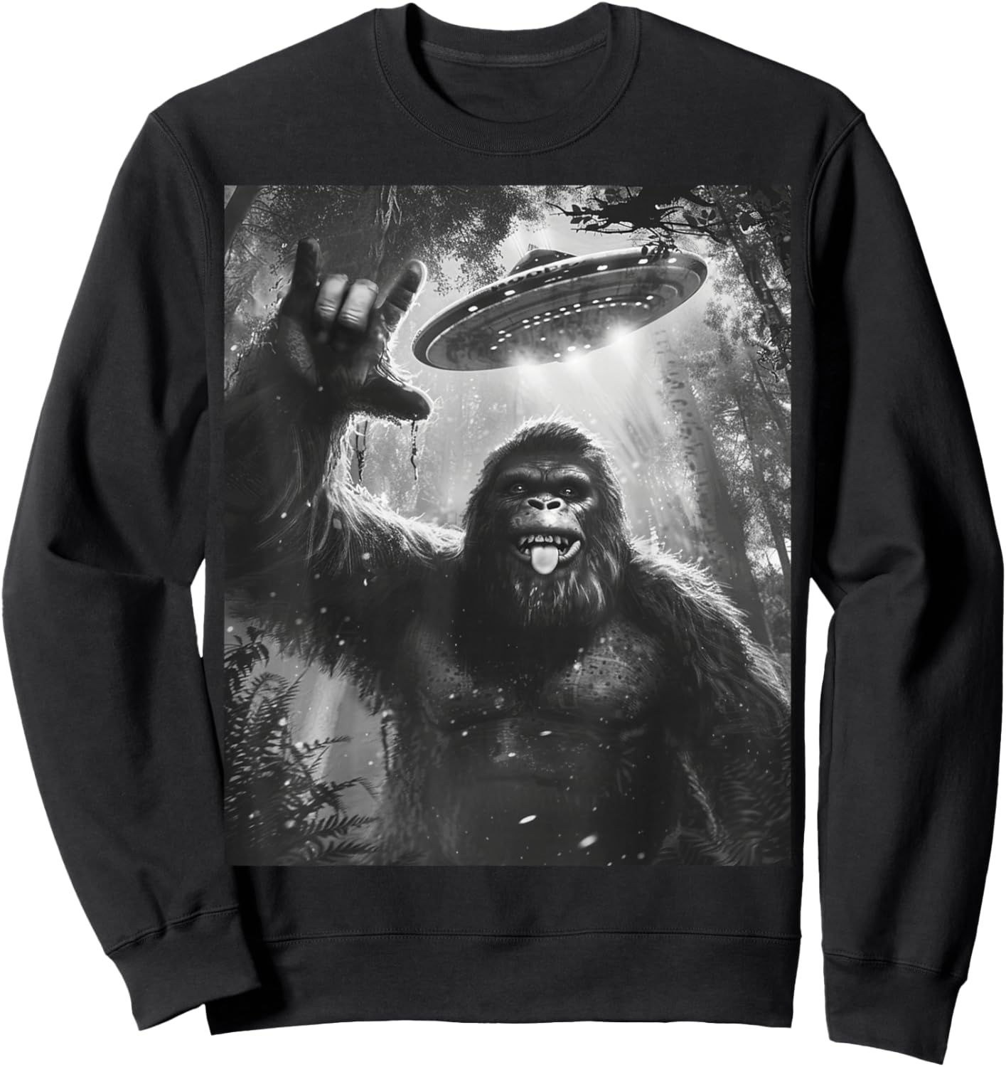 Funny Sasquatch Bigfoot Rock On Selfie with UFO Alien Saucer Sweatshirt - Sweatshirt | Black