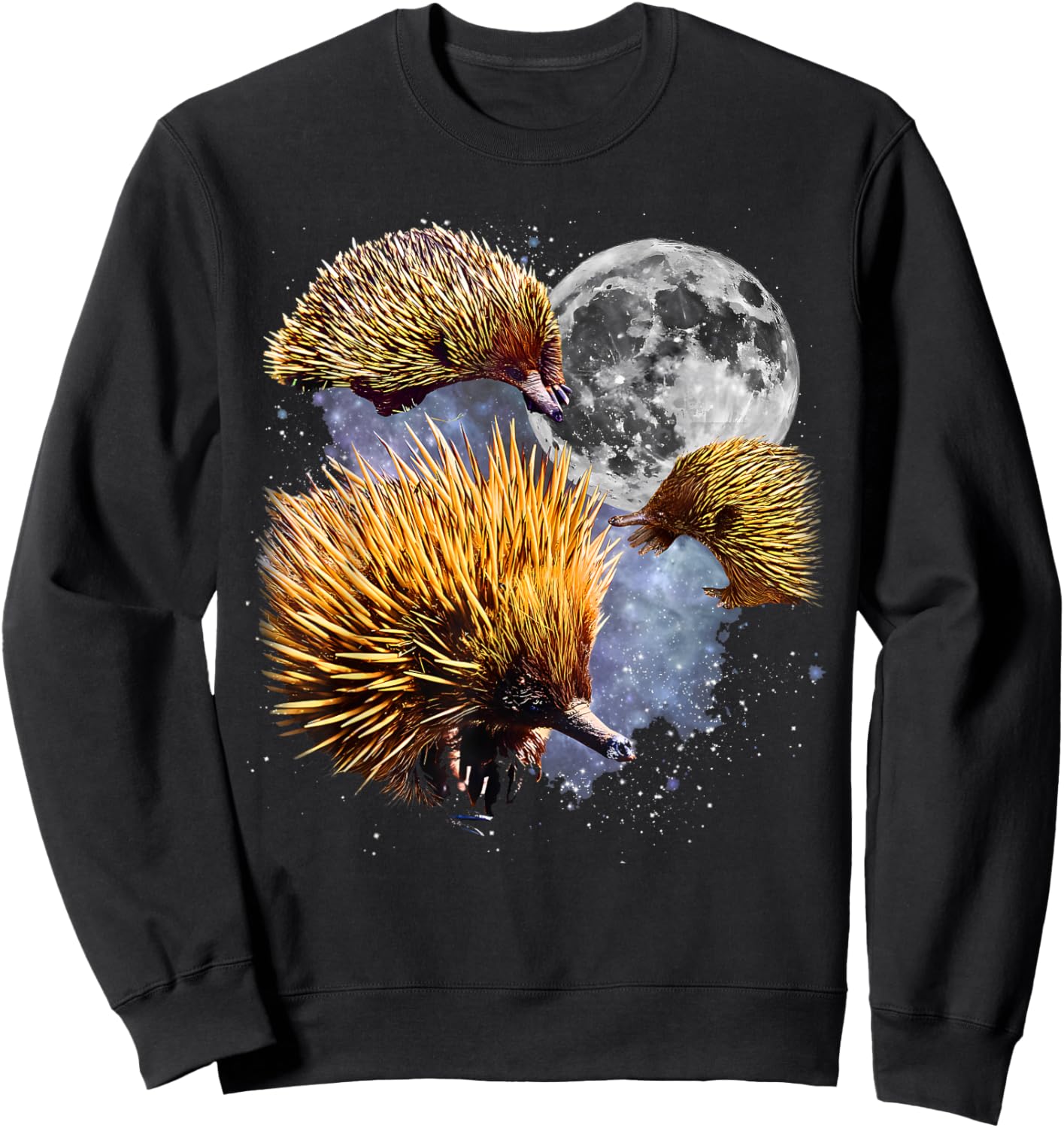 Retro Three Echidna Howling at The Moon Animal Lover Graphic Sweatshirt - Sweatshirt | Black