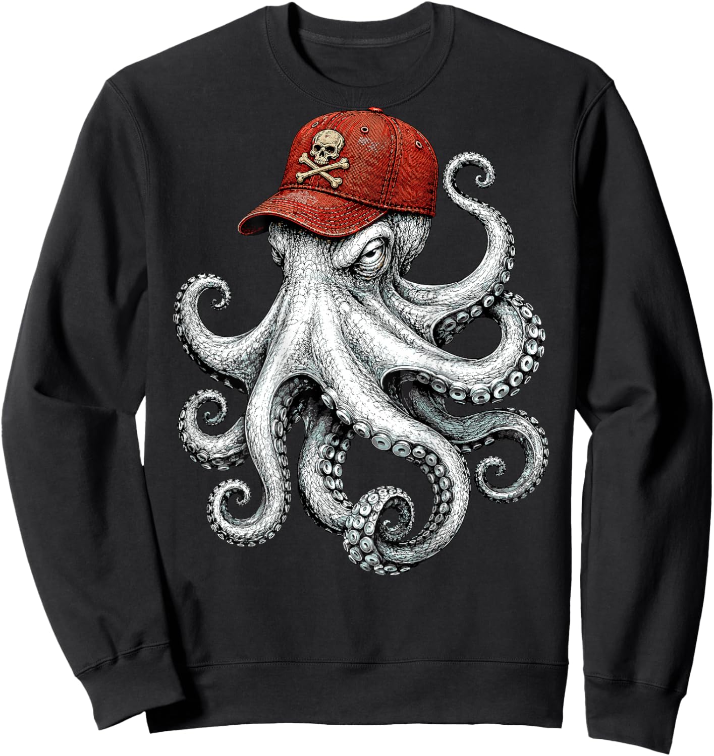 On Back Octopus with Skull and Crossbones Cap Pirate Octopus Sweatshirt - Sweatshirt | Black
