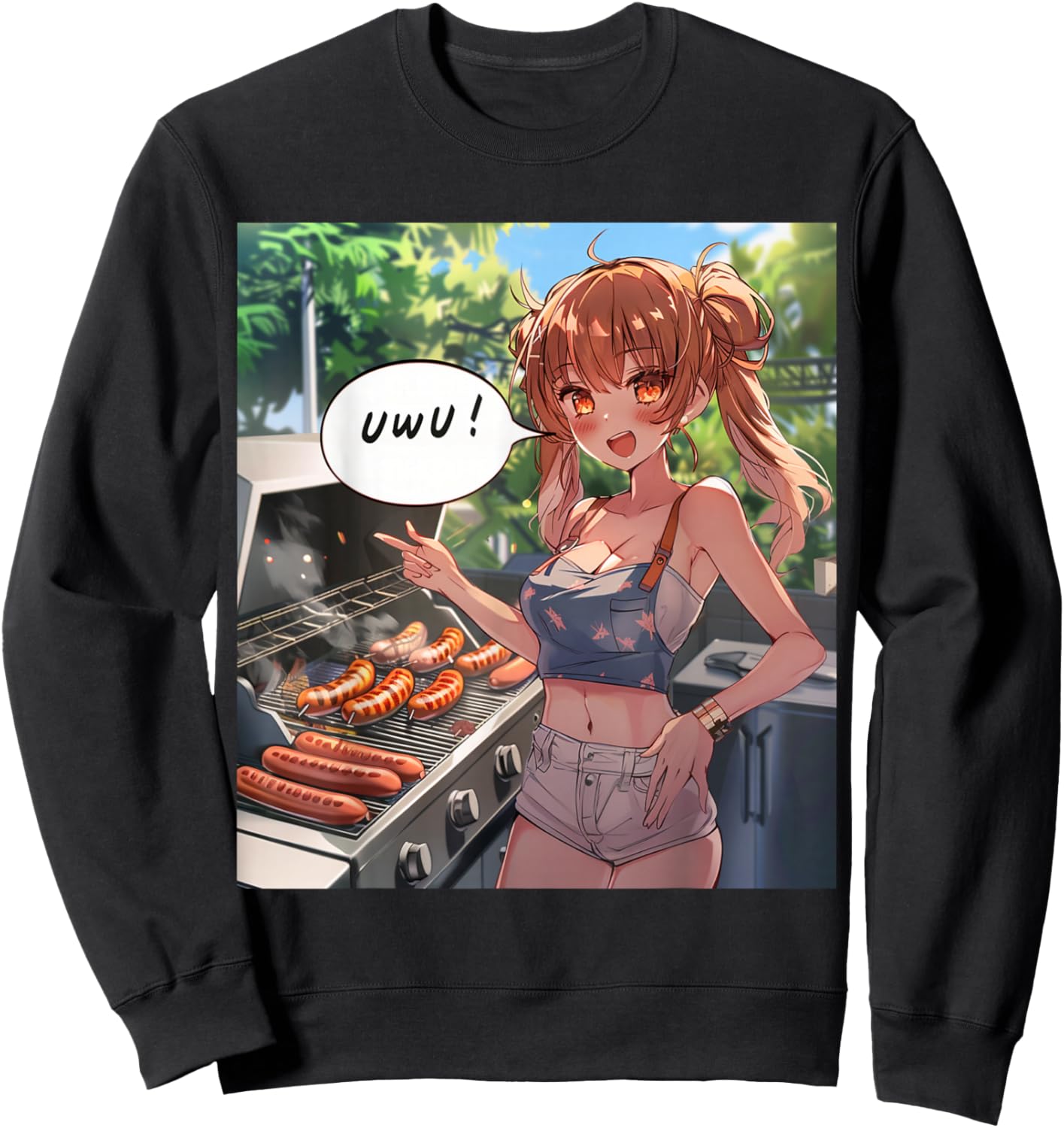 UwU Grill Party Anime Front Print Sweatshirt - Sweatshirt | Black