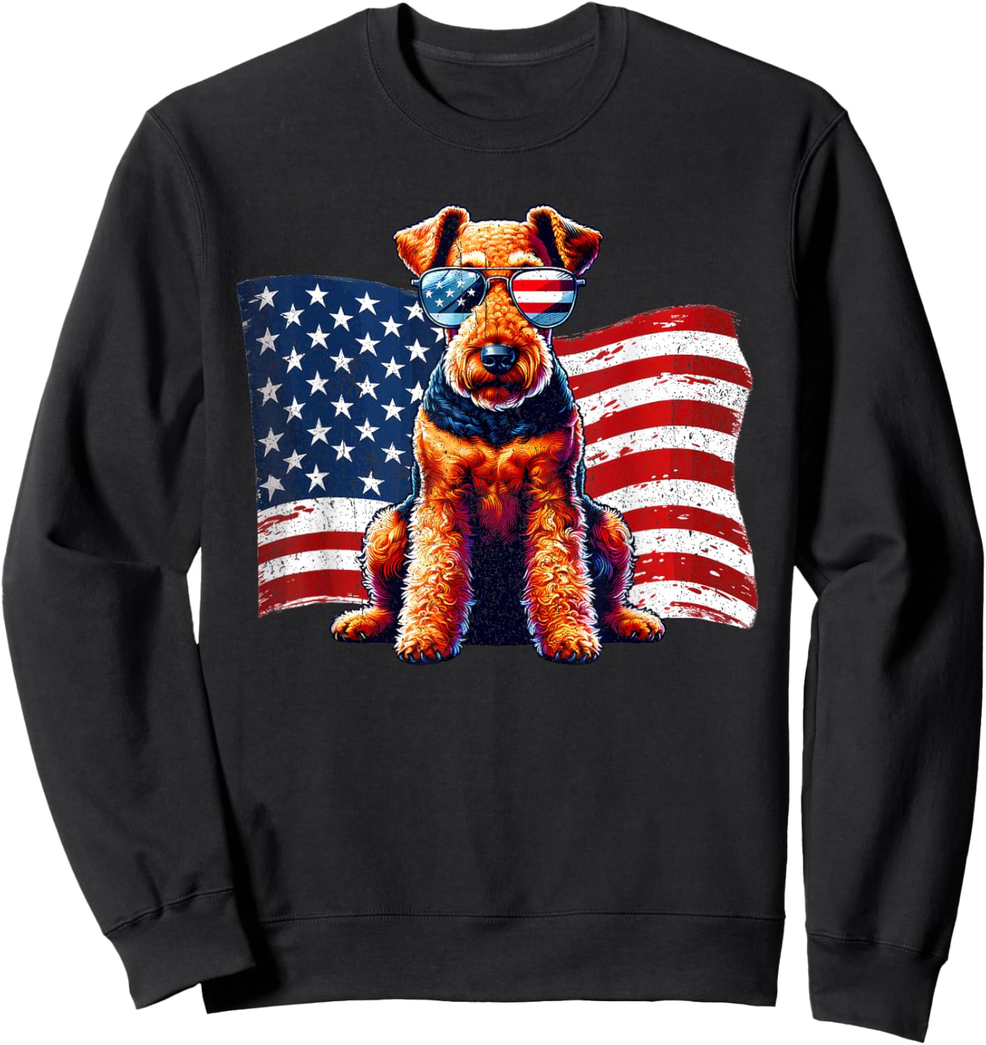 Vintage Airedale Terrier American Flag Sunglasses Patriotic Sweatshirt - Sweatshirt | Black