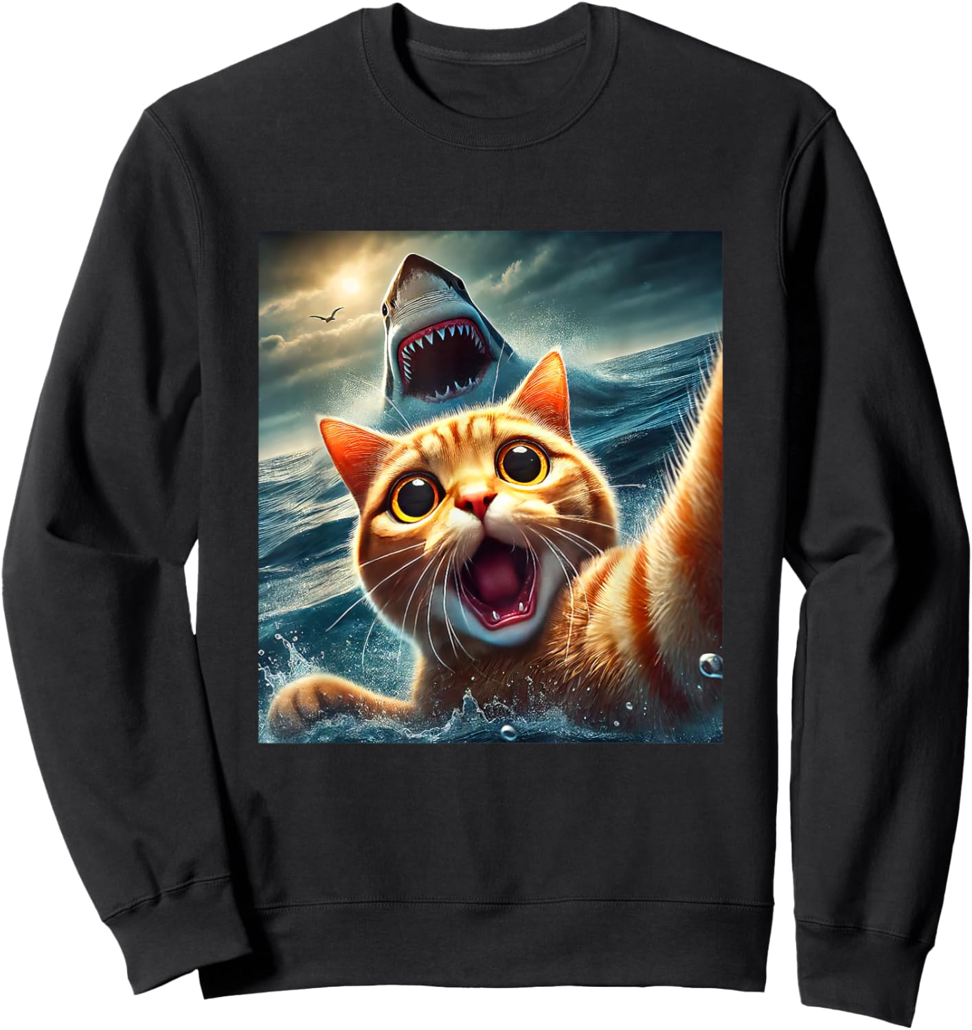 Cat Selfie With Shark Funny Sweatshirt - Sweatshirt | Black