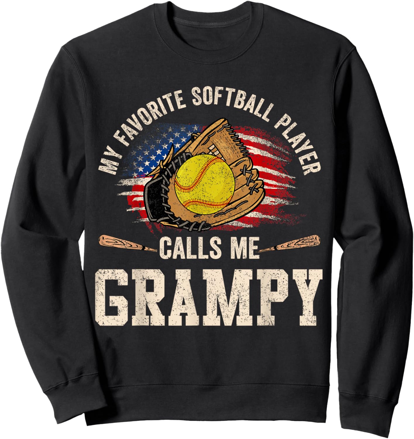 My Favorite Softball Player Calls Me Grampy USA Flag Sweatshirt - Sweatshirt | Black