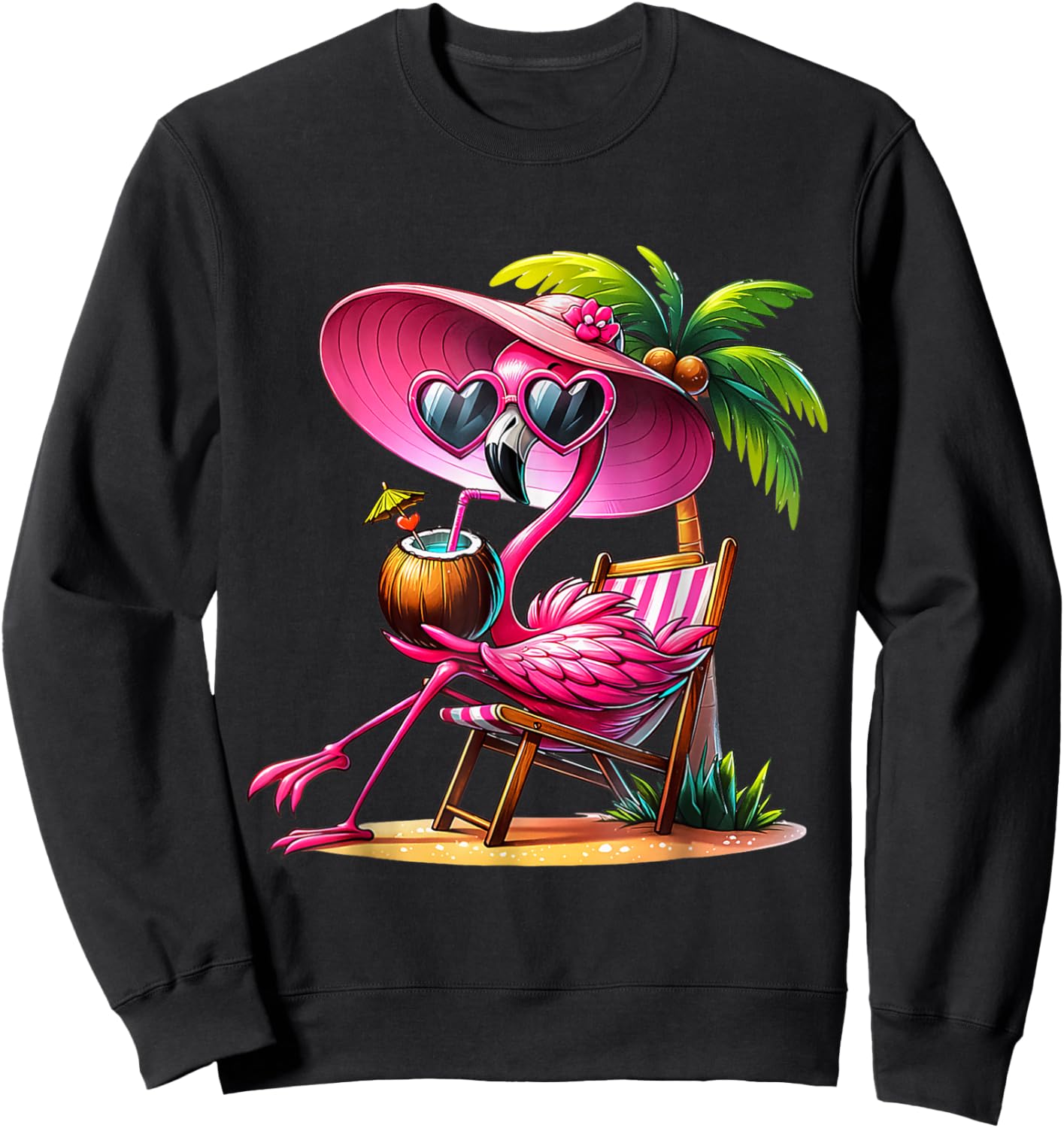 Pink Flamingo Summer Vibes Beach Palm Tree Summer Vacation Sweatshirt - Sweatshirt | Black