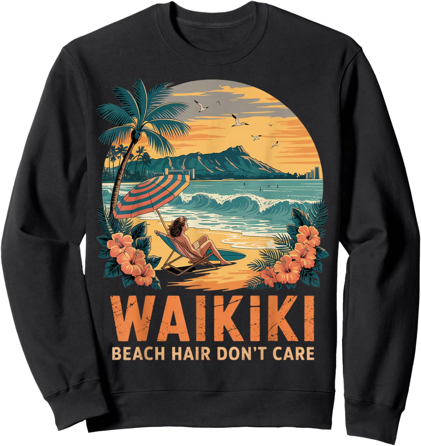 Beach Hair Tropical Waikiki Honolulu Hawaii Island Waikiki Sweatshirt - Sweatshirt | Black