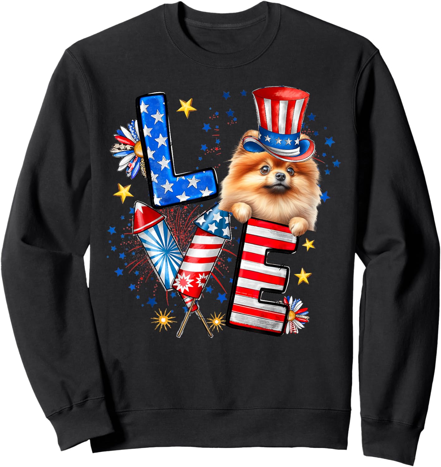LOVE Pomeranian Dog American Flag 4th Of July Sweatshirt - Sweatshirt | Black