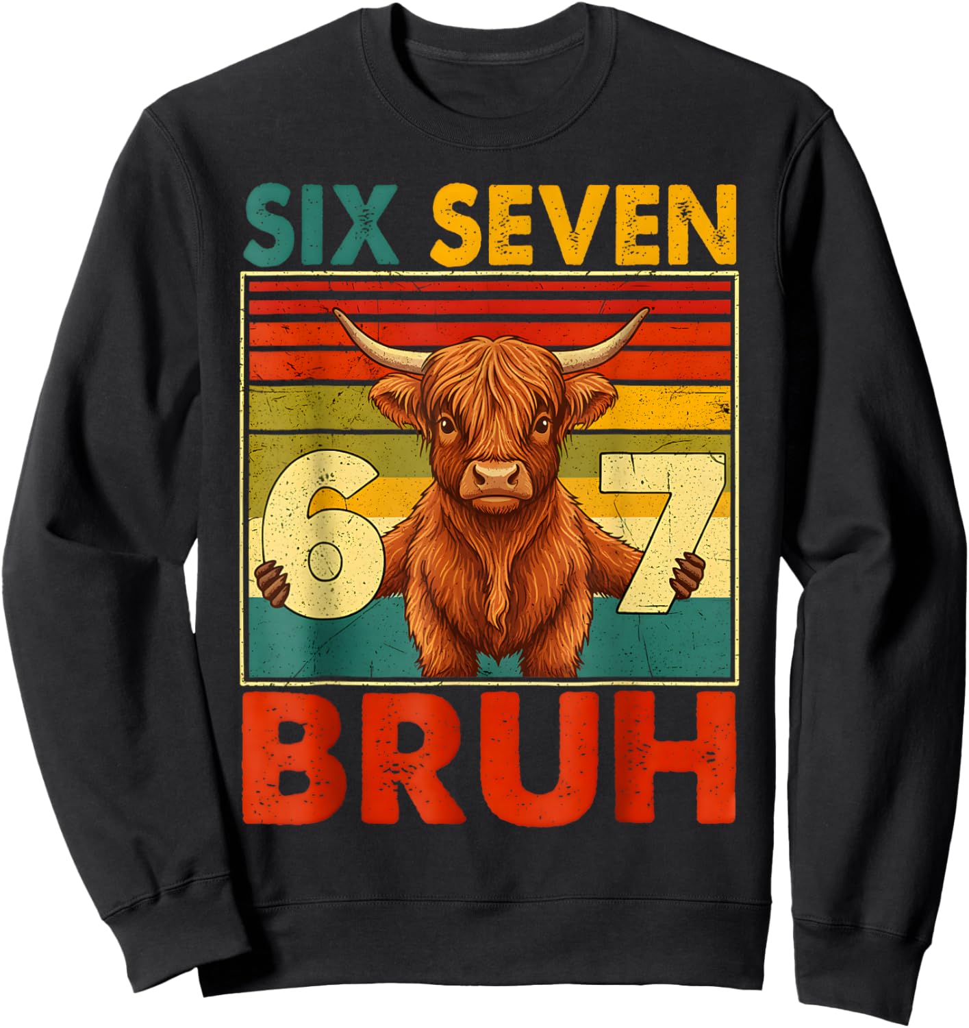Retro 67 Meme Cow Funny Six Seven Bruh Cows for Kids Boys Sweatshirt - Sweatshirt | Black