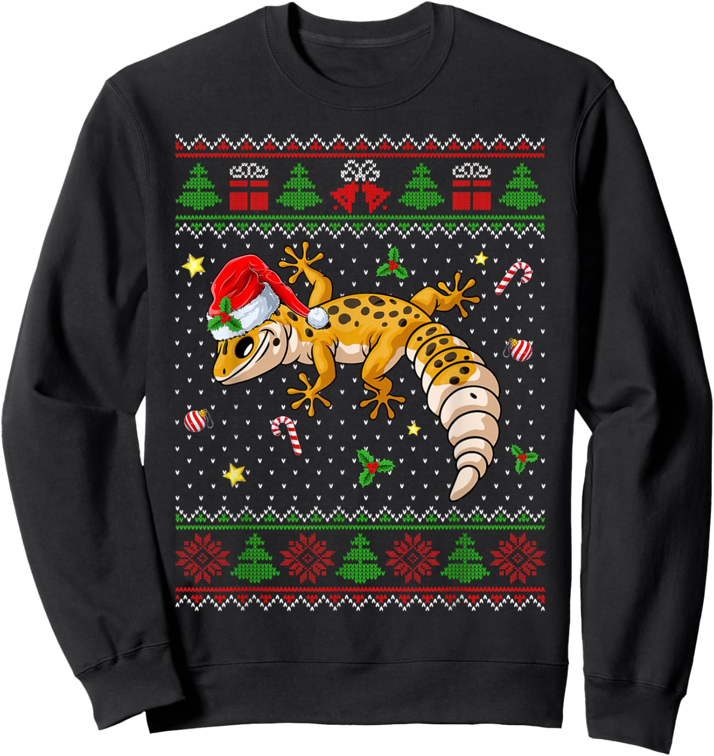 Cute Leopard Gecko Santa Hat Ugly Christmas Sweater Xmas PJS Sweatshirt - Sweatshirt | Black