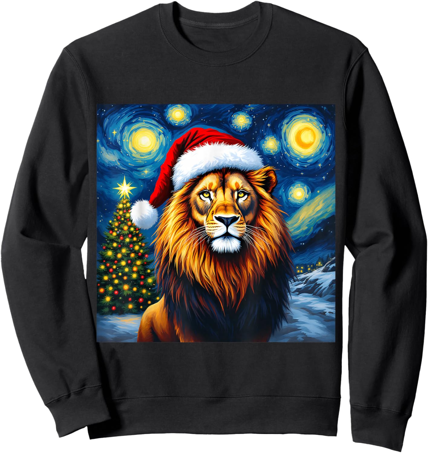 Christmas Lion Santa Hat Van Gogh Starry Night Holiday Sweatshirt - Sweatshirt | Black