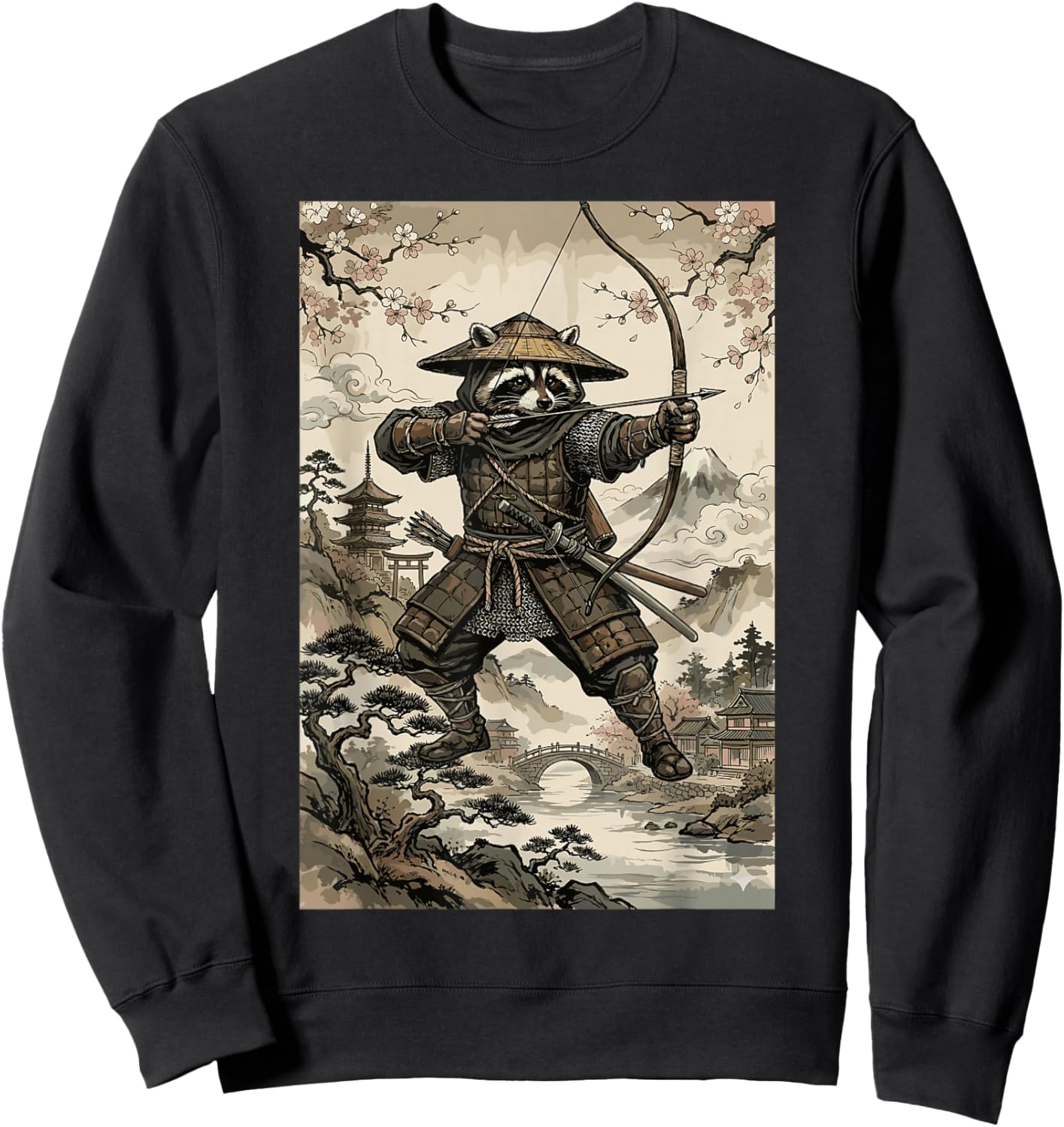 Samurai Raccoon Archer Japanese Cherry Blossom Art Sweatshirt - Sweatshirt | Black