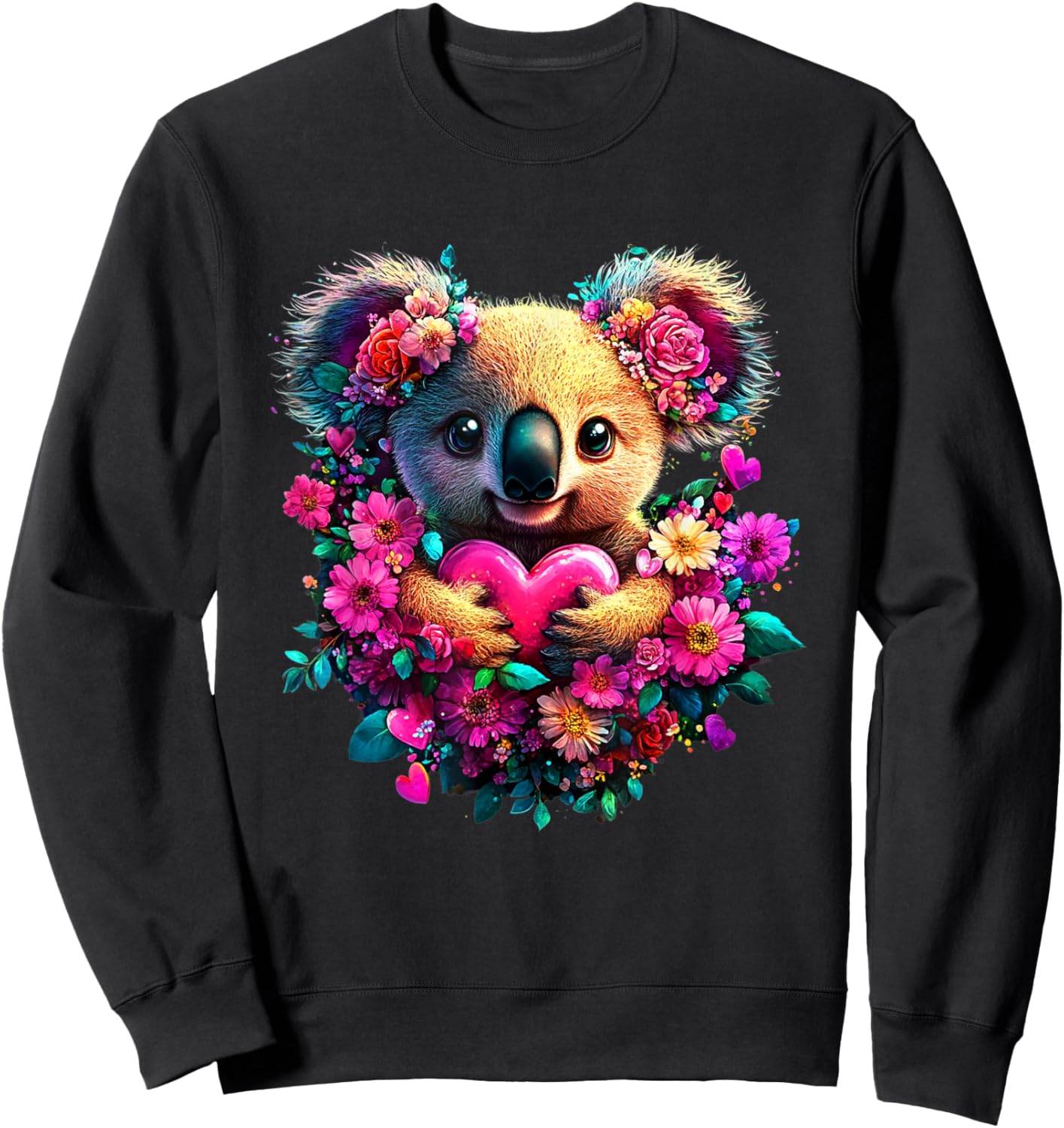 Koala Hearts and Flowers Graphic Valentines Day Sweatshirt - Sweatshirt | Black