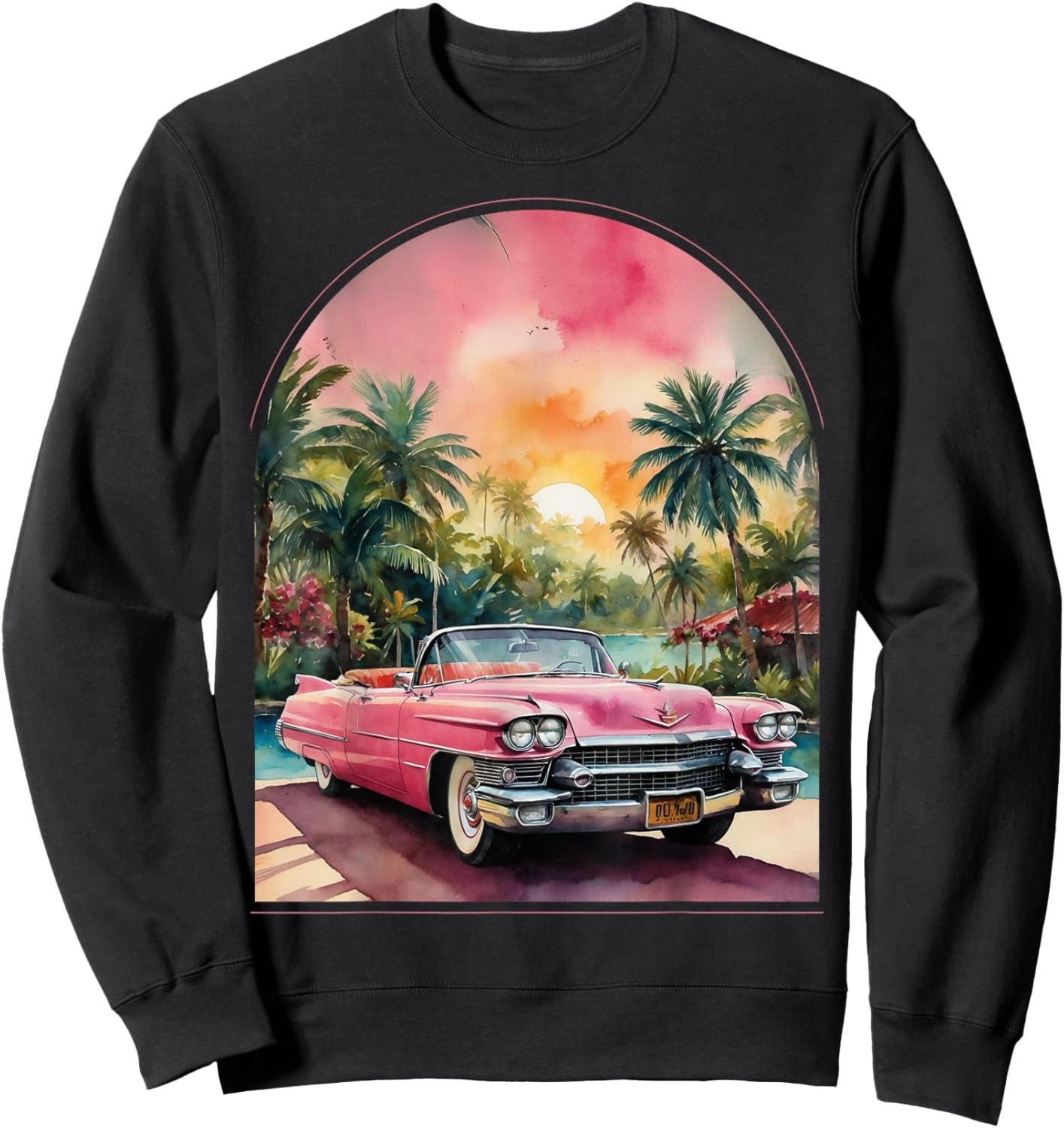 Old School Cadillac Pink | Watercolor | Palm Trees | Exotic Sweatshirt - Sweatshirt | Black
