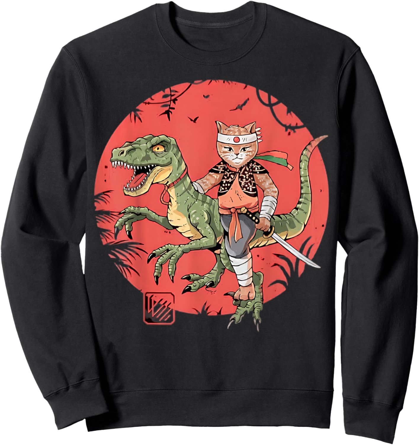 Samurai Cat Dinosaur Japanese Art Ukiyo-e Graphic Sweatshirt - Sweatshirt | Black