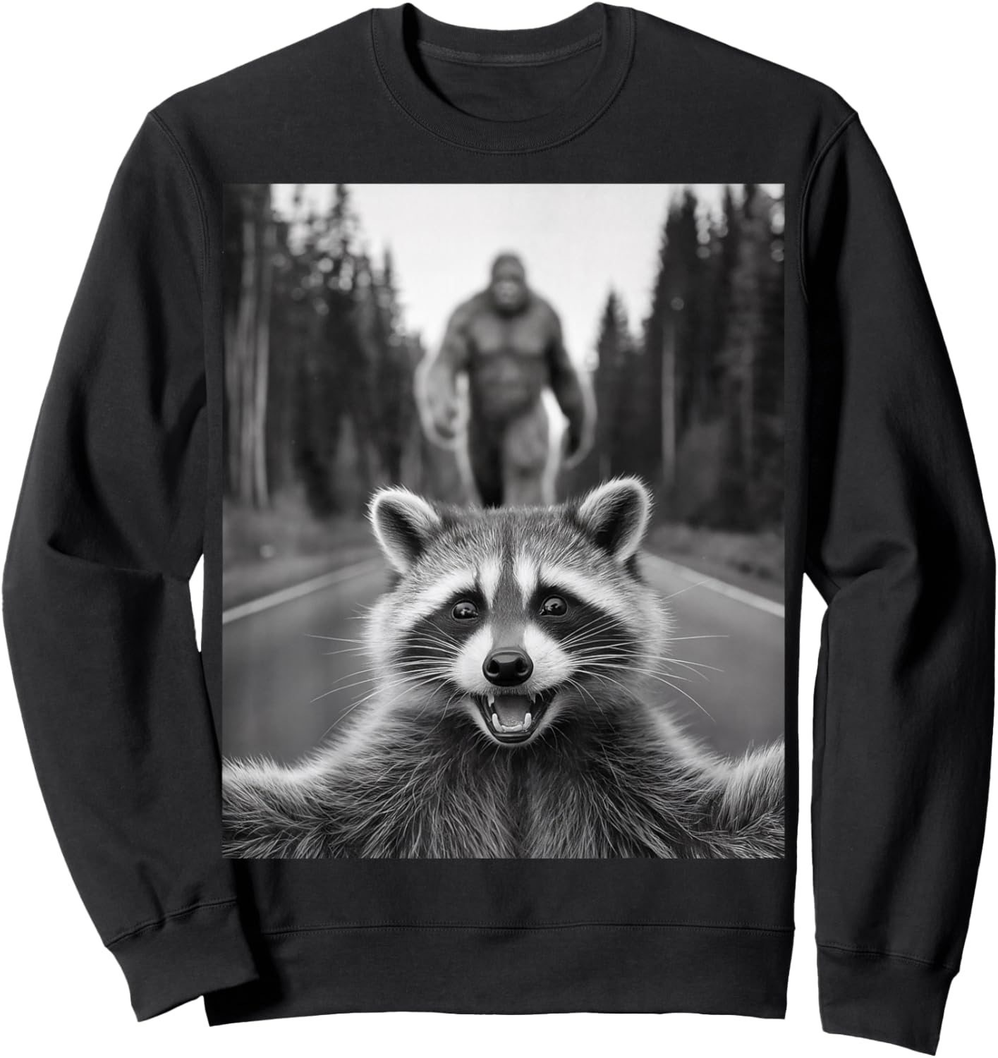 Scared Raccoon Selfie With Sasquatch Bigfoot , Funny Raccoon Sweatshirt - Sweatshirt | Black