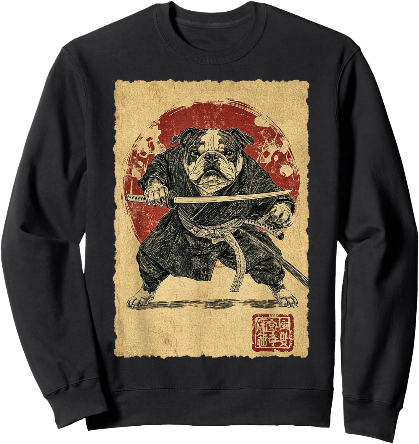 Funny Vintage Japanese Art Bulldog Ninja Samurai Warrior Men Women Girls Kids Sweatshirt - Sweatshirt | Black
