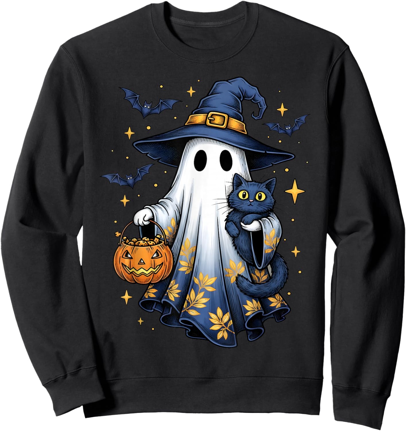 Halloween Ghost Witch Holding Black Cat Funny Halloween Sweatshirt - Sweatshirt | Black