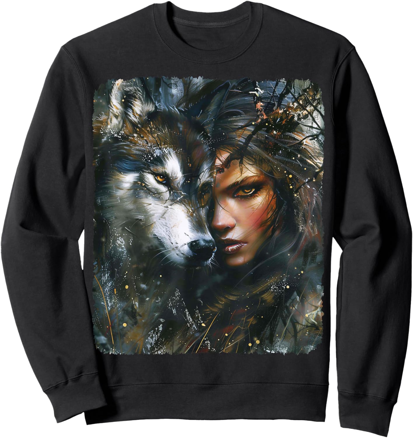 Beautiful Painting of a Woman with her Wolf Sweatshirt - Sweatshirt | Black