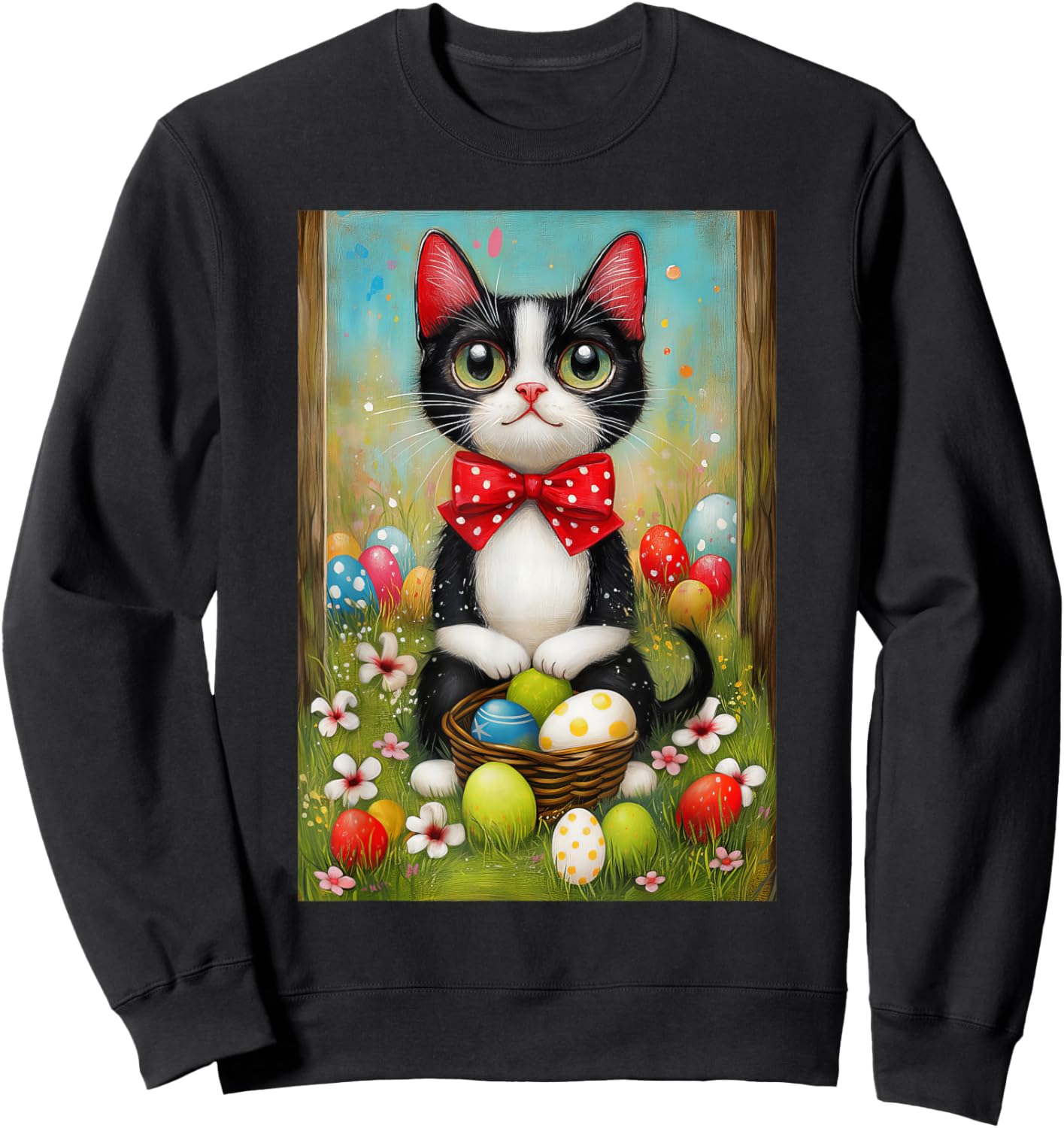 Tuxedo Cat Easter Shirt – Kitty with Basket of Easter Eggs Sweatshirt - Sweatshirt | Black