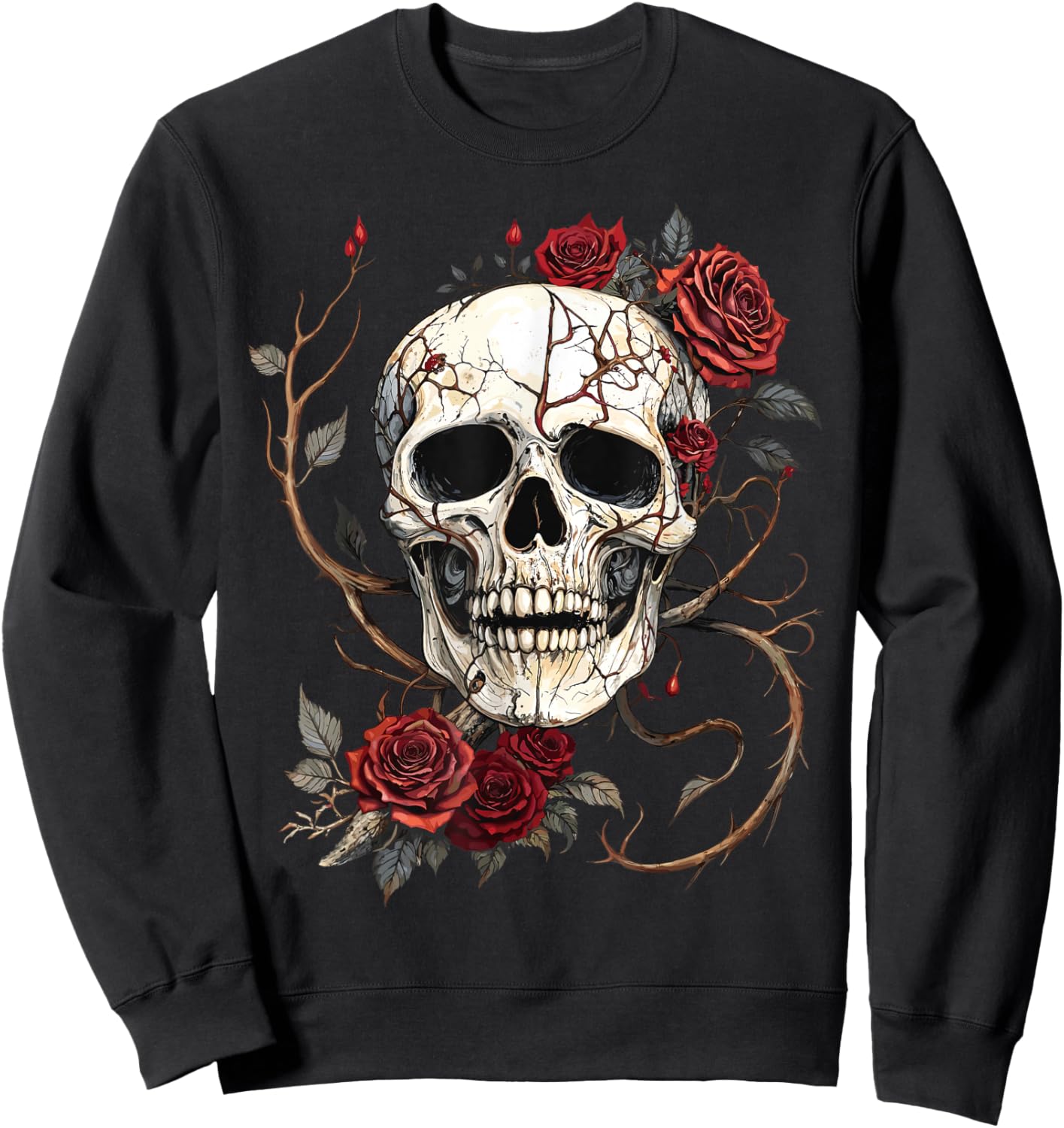 Tête de Mort Roses Rouges Baroque Gothique Vintage Tattoo Sweatshirt - Sweatshirt | Black