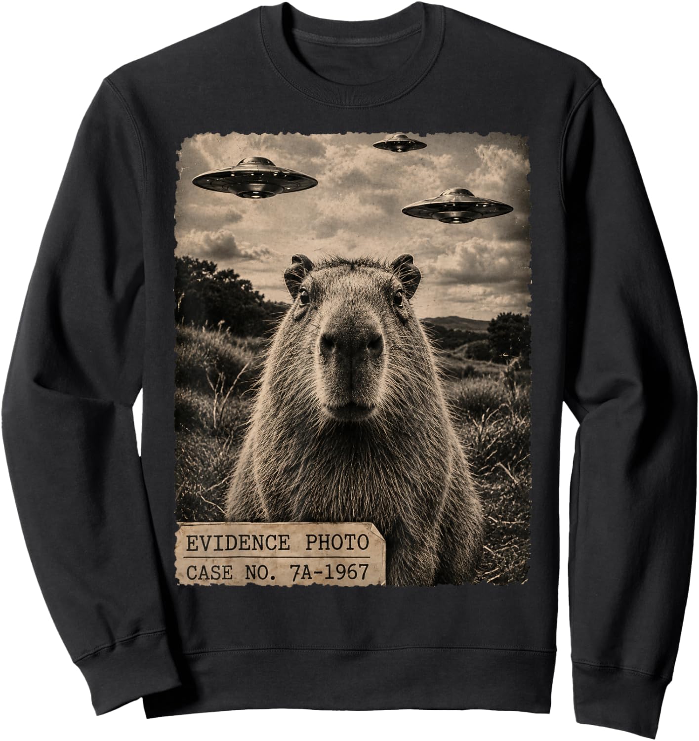 Funny Capybara Alien UFO Evidence Photo Vintage Sweatshirt - Sweatshirt | Black