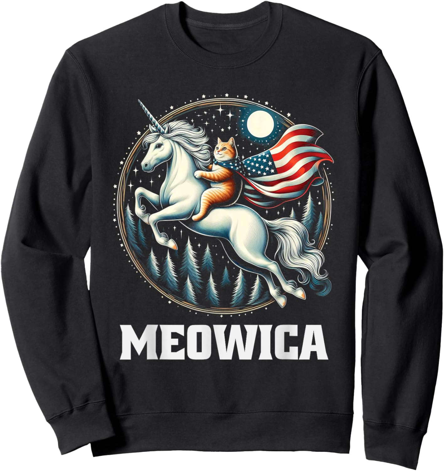 Meowica Cat Riding Unicorn USA Flag 4th Of July Patriotic Sweatshirt - Sweatshirt | Black