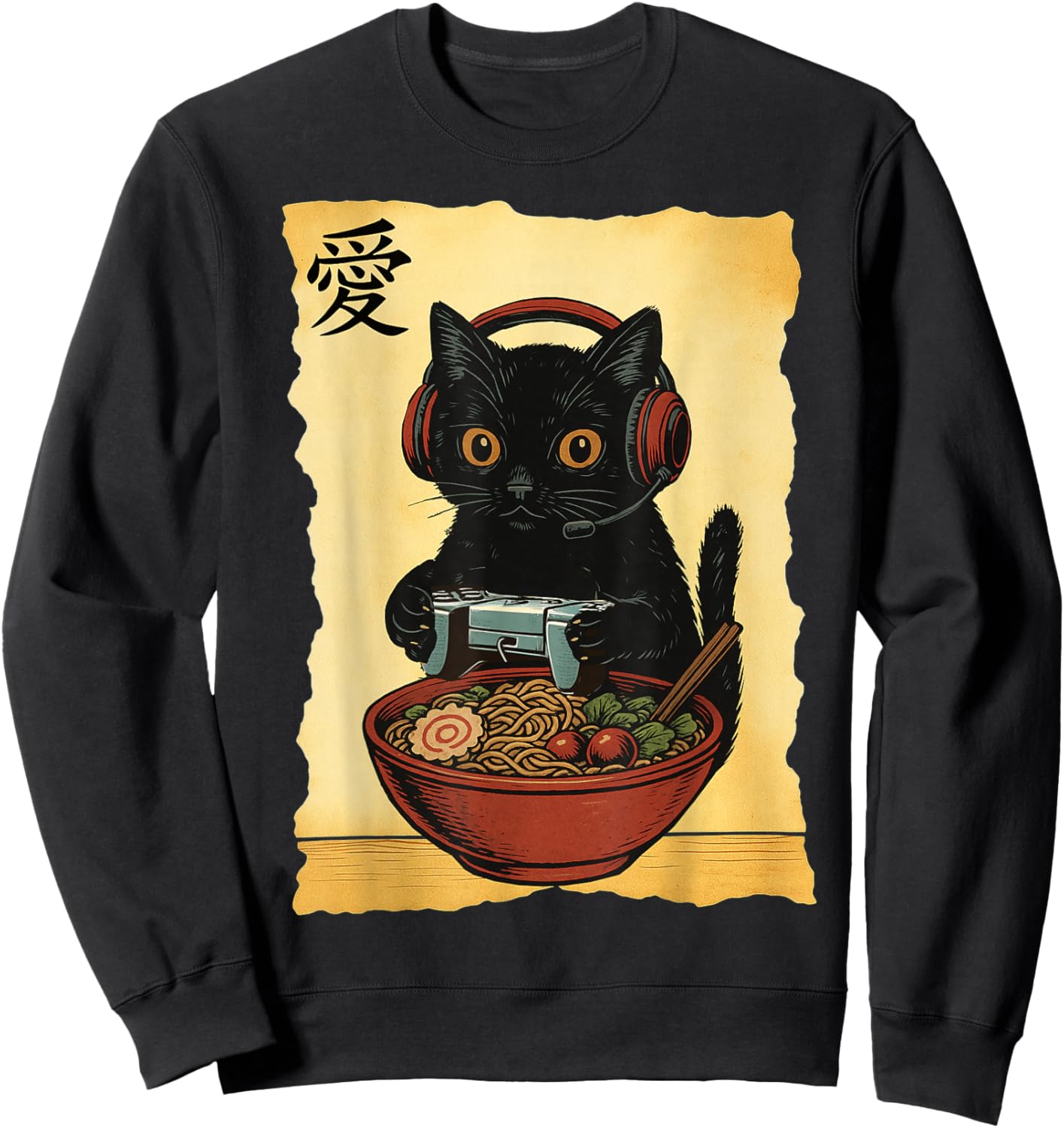 Cute Kawaii Gamer Cat Funny Ramen Retro Japanese Cat Gaming Sweatshirt - Sweatshirt | Black
