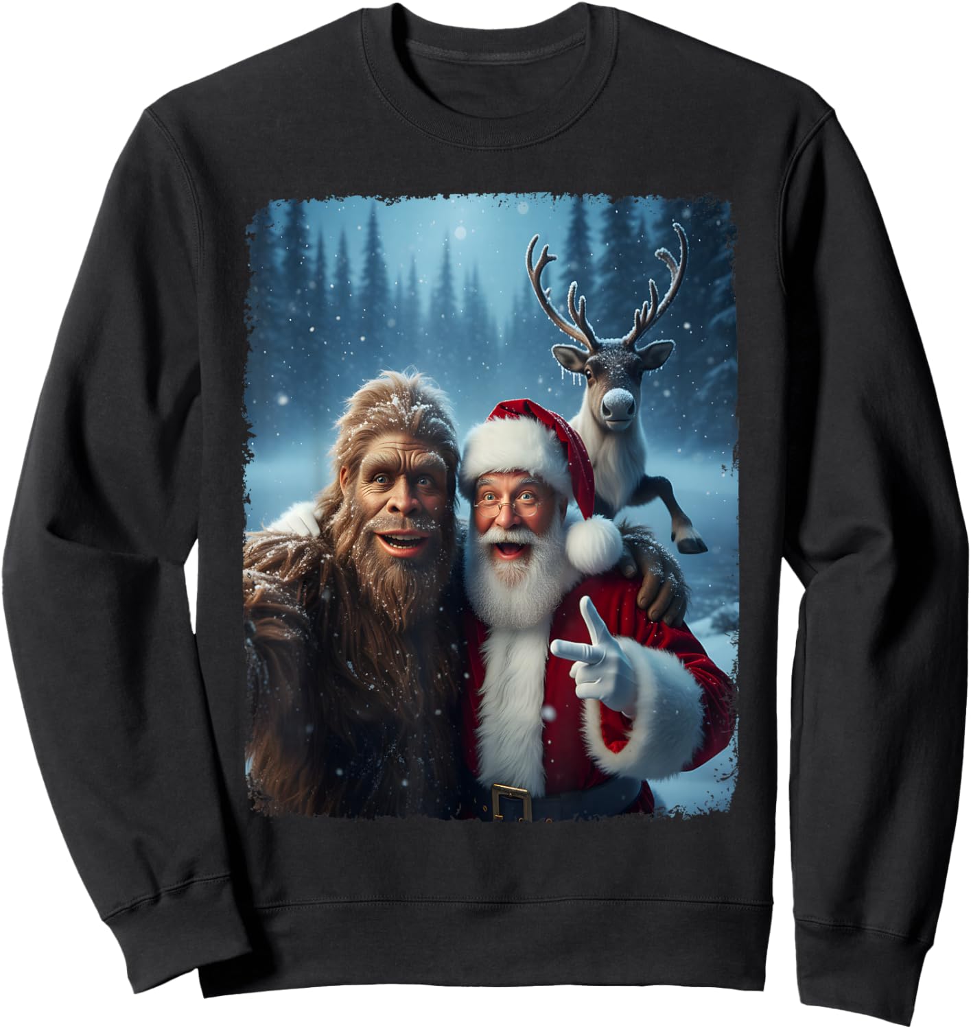 Santa Claus Bigfoot Selfie Top Xmas Meme Funny Christmas Sweatshirt - Sweatshirt | Black